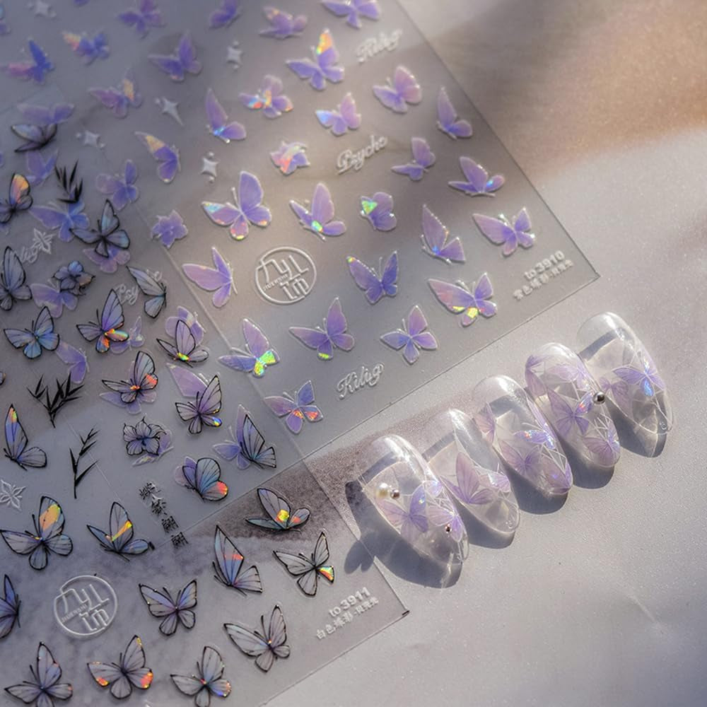 2 Blätter Schmetterling Nagelsticker Selbstklebend,Muschel Glitzer Nail Art Motyl Naklejka na paznokcie Lila Grau Schmetterlinge Nagelaufkleber Relief Laserowe motyle Nagel Naklejka Nageldesign Zubehör