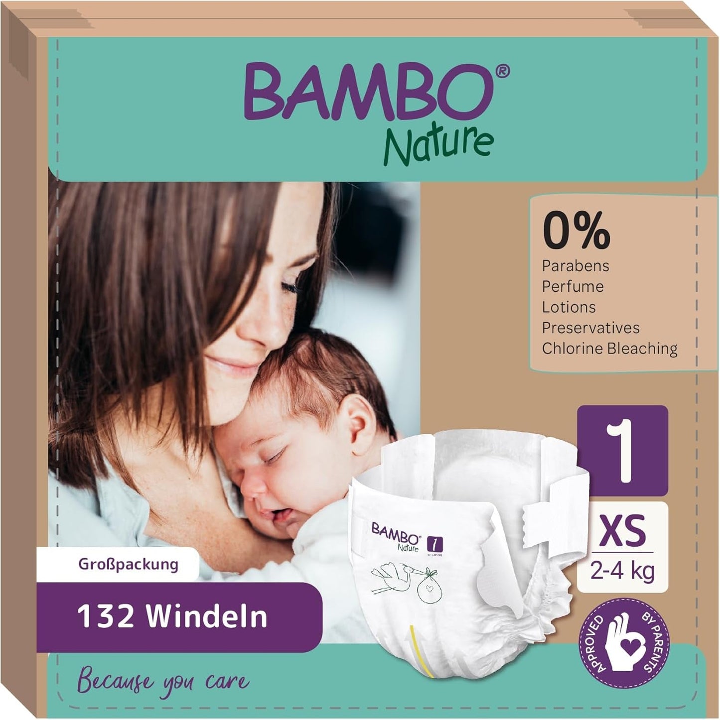 Pieluszki dziecięce Bambo Nature, rozmiar 1 (2-4 kg), 132 sztuki w pudełku miesięcznym | Pieluszki Premium ze zwiększoną ochroną przed wyciekami | Najwyższy komfort i swoboda dla noworodków | Pieluszki testowane dermatologicznie