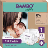 Pieluszki dziecięce Bambo Nature, rozmiar 1 (2-4 kg), 132 sztuki w pudełku miesięcznym | Pieluszki Premium ze zwiększoną ochroną przed wyciekami | Najwyższy komfort i swoboda dla noworodków | Pieluszki testowane dermatologicznie