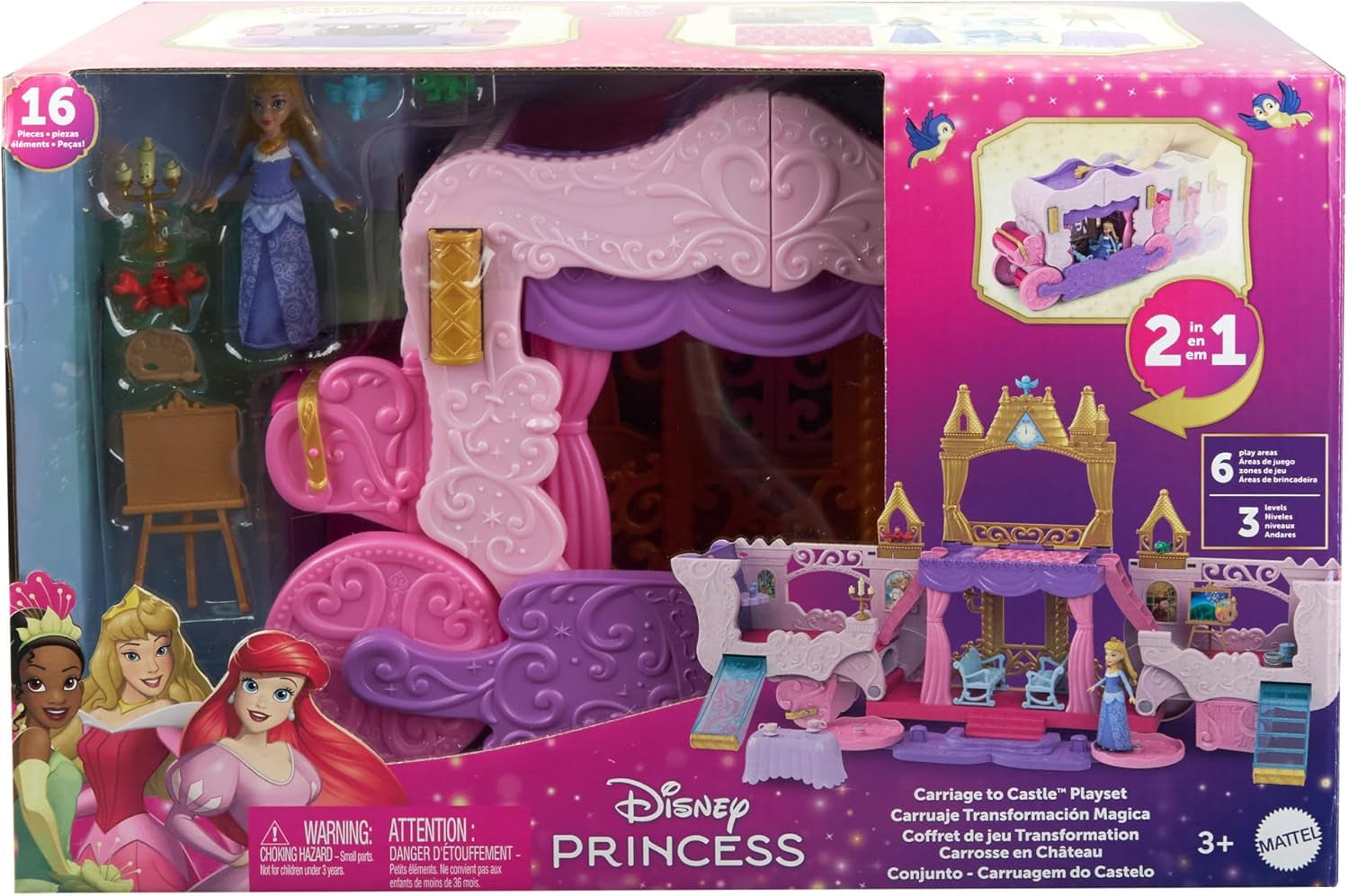 Mattel Disney Princess Zestaw do przekształcenia karetki w zamek z małą lalką Aurora, 3 poziomy, 6 obszarów do zabawy, 4 figurki, meble i akcesoria HWX17 Naty Shop Dolls