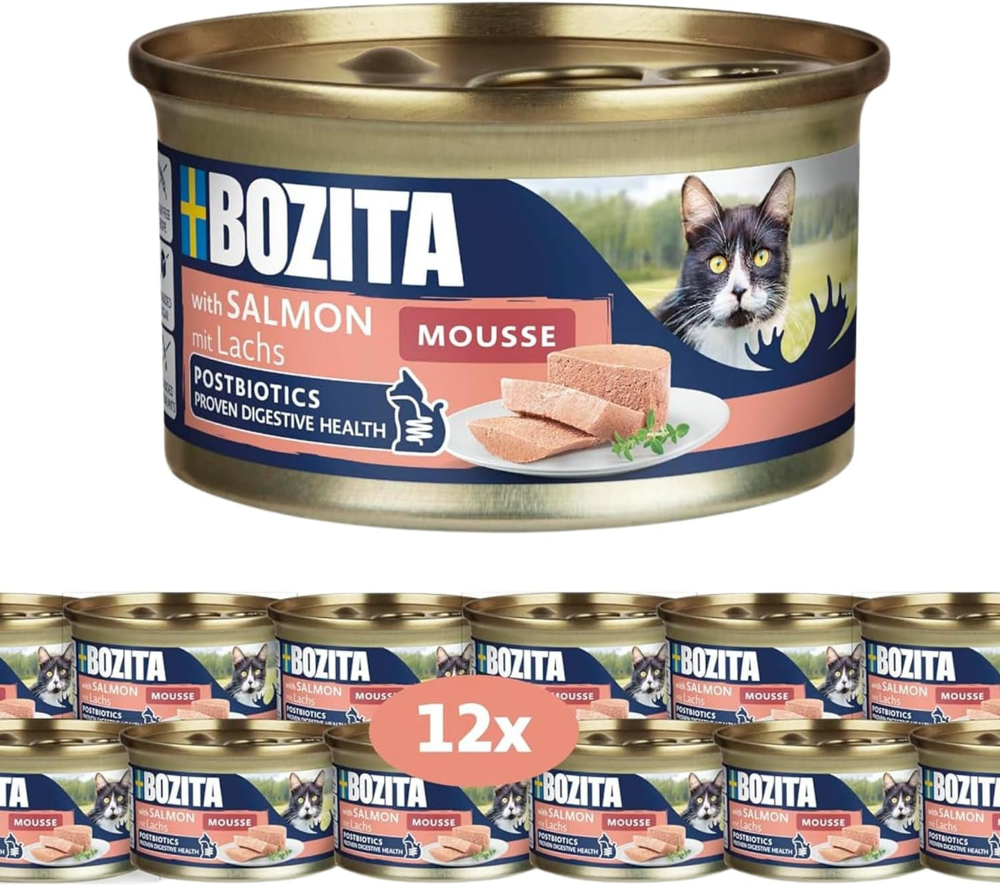 Bozita Mousse MSC Salmon - 12 x 85g mokra karma dla kotów o delikatnej konsystencji musu i łososia - bezzbożowa receptura, bez dodatku cukru i barwników - z postbiotykami wspierającymi florę jelitową