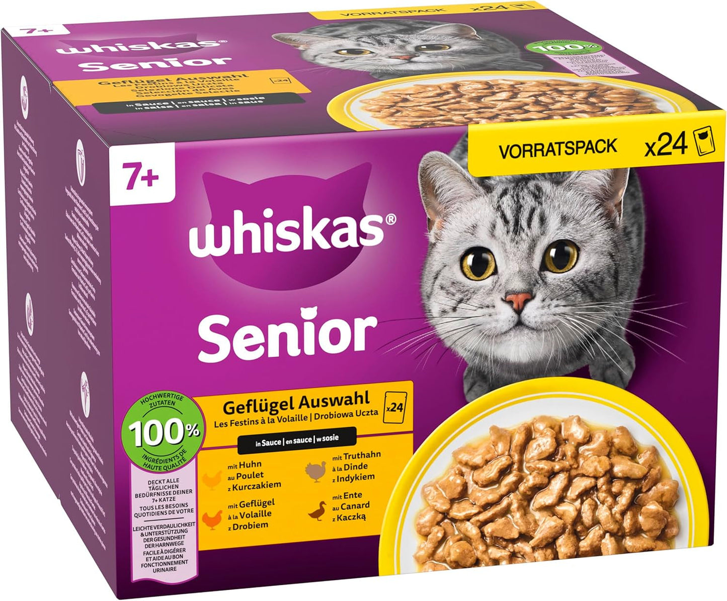 Whiskas 7+ Mokra karma dla kotów Wybór drobiu w sosie 24 x 85 g (2 opakowania) - Wysokiej jakości mokra karma dla kotów od 7 lat w 48 saszetkach