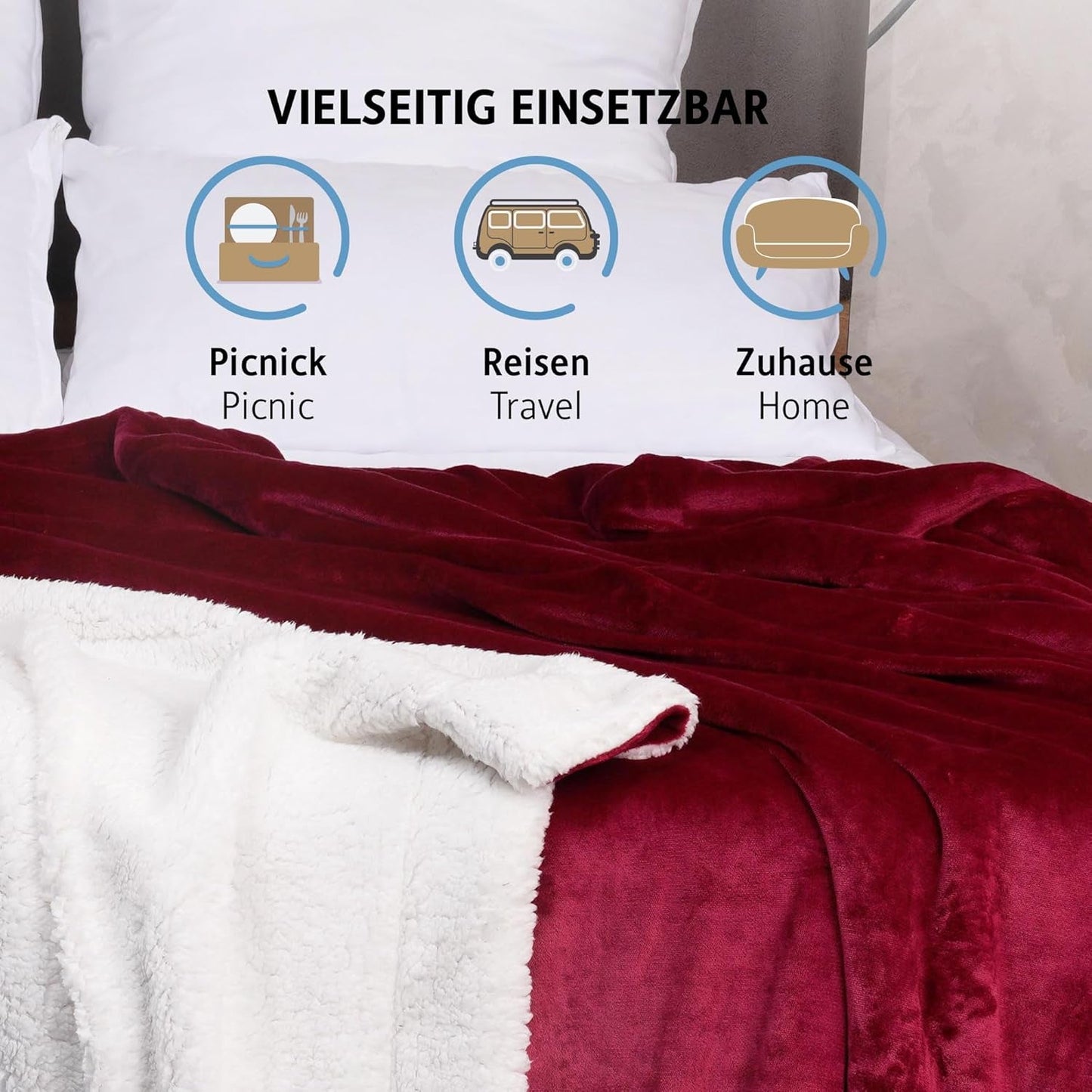 Przytulny koc Komfortec 150X200 cm, puszysty koc polarowy z certyfikatem Oeko-Tex, ciepły koc sherpa na sofę, gruby koc na sofę, bordowe Łóżka i koce Besuche den Komfortec-Store