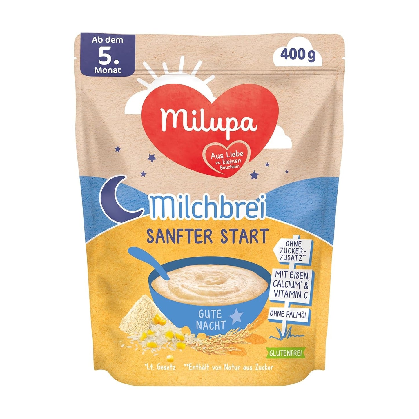 Kaszka mleczna Milupa Gentle Start - Płatki dla niemowląt bez glutenu, bez oleju palmowego - Bez konserwantów i barwników - Od 5 miesiąca - 4 x 400 g