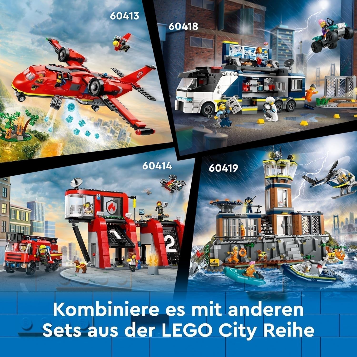 LEGO City Ciężarówka policyjna z laboratorium, quad policyjny i zabawkowa ciężarówka dla dzieci, prezent dla chłopców i dziewcząt od 7 lat oraz 5 minifigurek — 2 policjantów, 1 naukowiec i 2 oszustów 60418 Zestawy do budowania Szukaj w sklepie LEGO