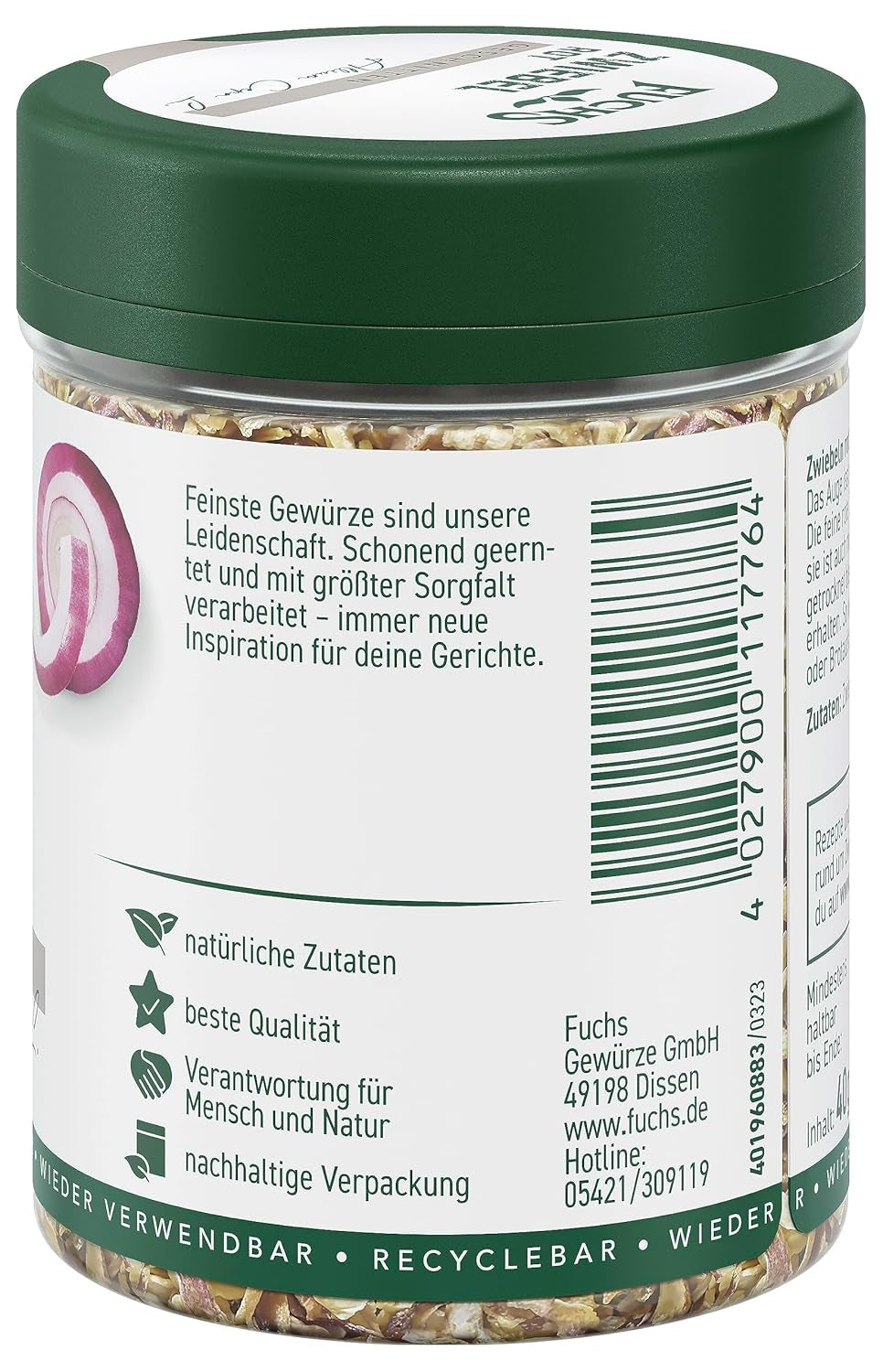 Fuchs Gewürze - Zwiebel rot geschnitten - Gewürz für Pürees, Salad oder Brotaufstriche - naturalne składniki - 40 g w wiederverwendbarer, recyclebarer Dawka