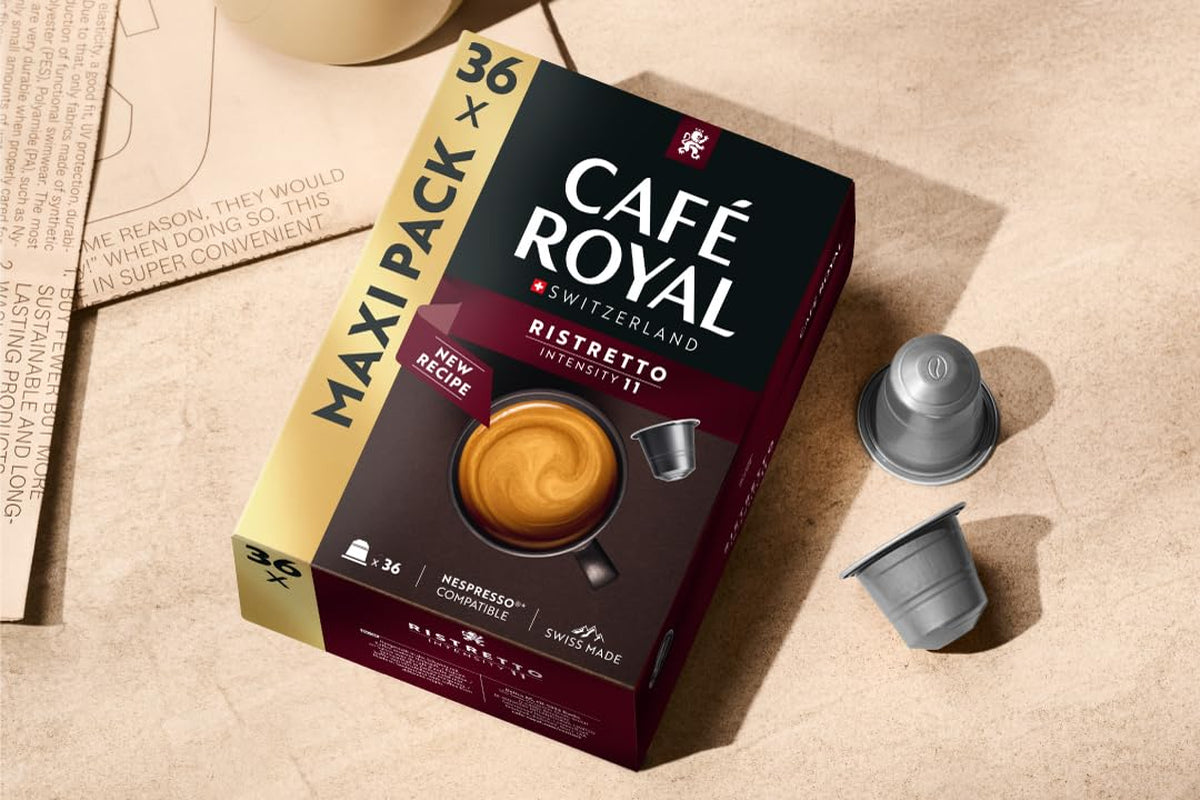 Café Royal Ristretto – kapsułki kawy kompatybilne z Nespresso®, 100% Arabica, intensywna, ciemna palenie, intensywność 11/12, Rainforest Alliance, 36 kapsułek