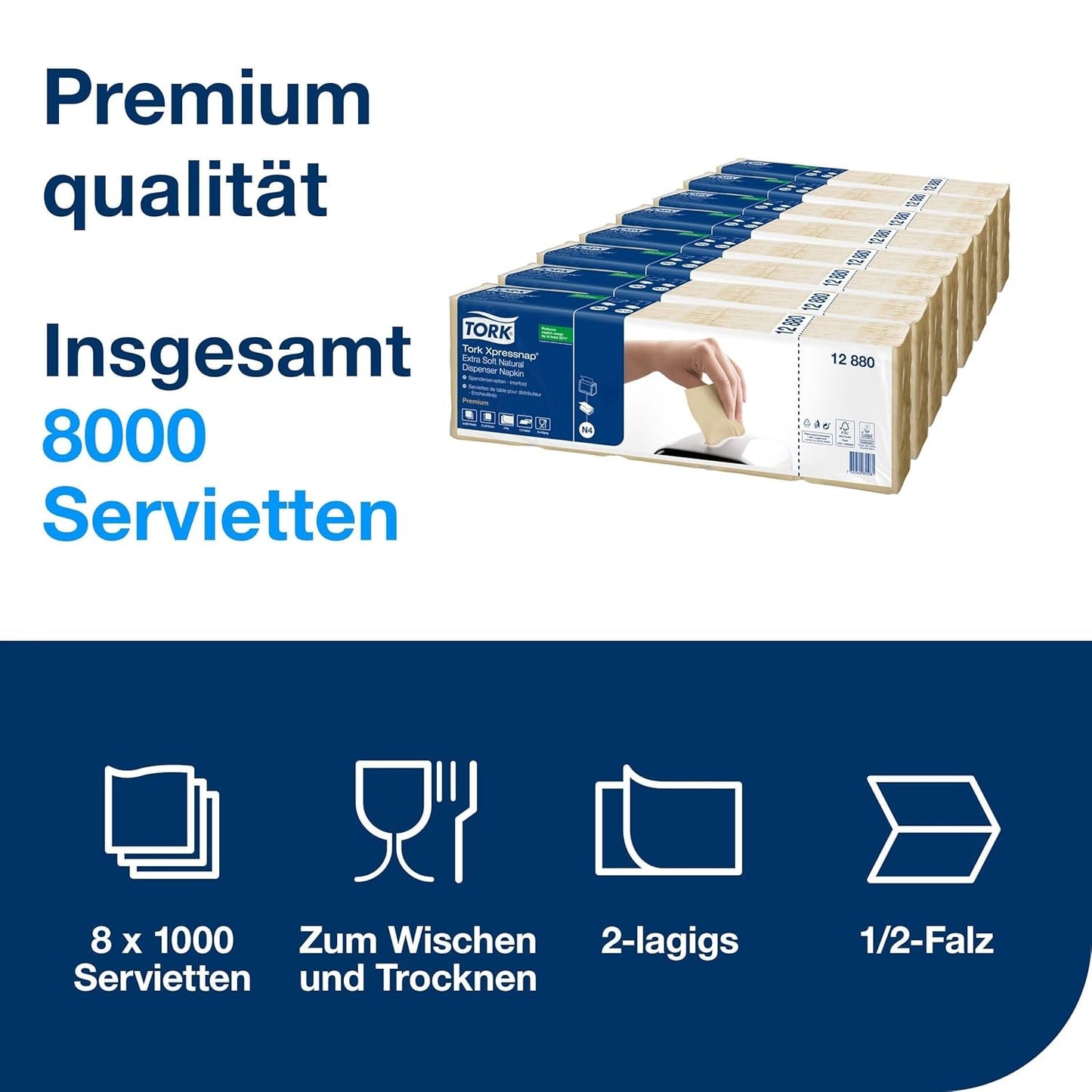 Tork Xpressnap Extra Soft Nature N4 serwetka dyspenserowa, Premium, 1/2 x 2 warstwy, 21,3 cm x 16,5 cm, 8 × 1000 serwetek, 12880