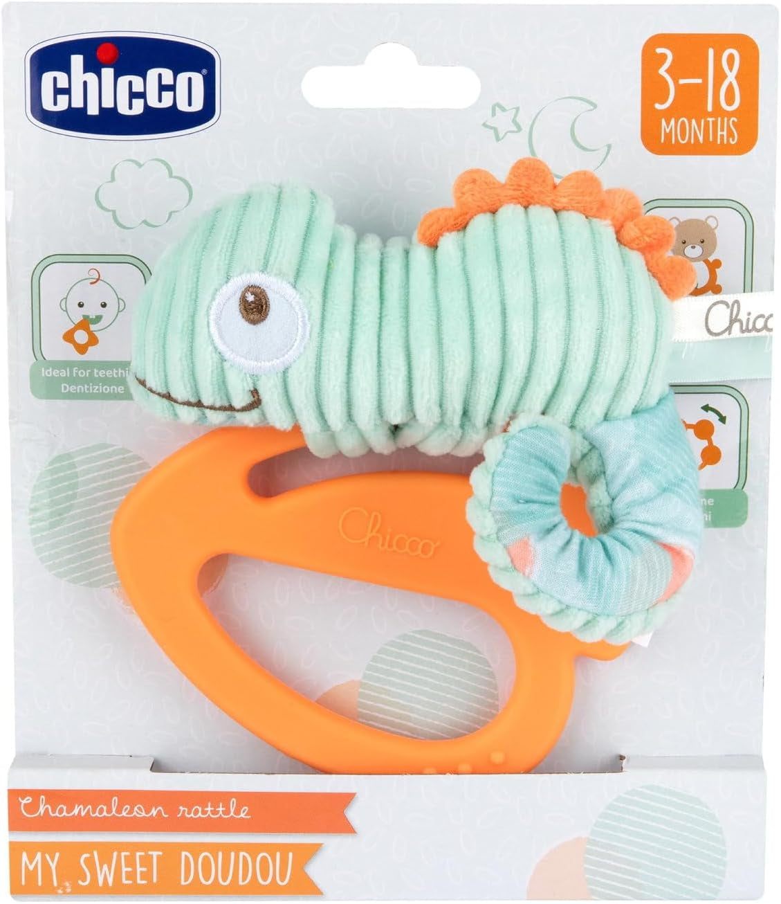 Chicco My Sweet Doudou Kameleon zabawka wykonana z wysokiej jakości tkaniny miękki plastikowy pierścień kojąca zabawka dla dziecka podczas ząbkowania 3-18 miesięcy zabawki dla dzieci Naty Shop