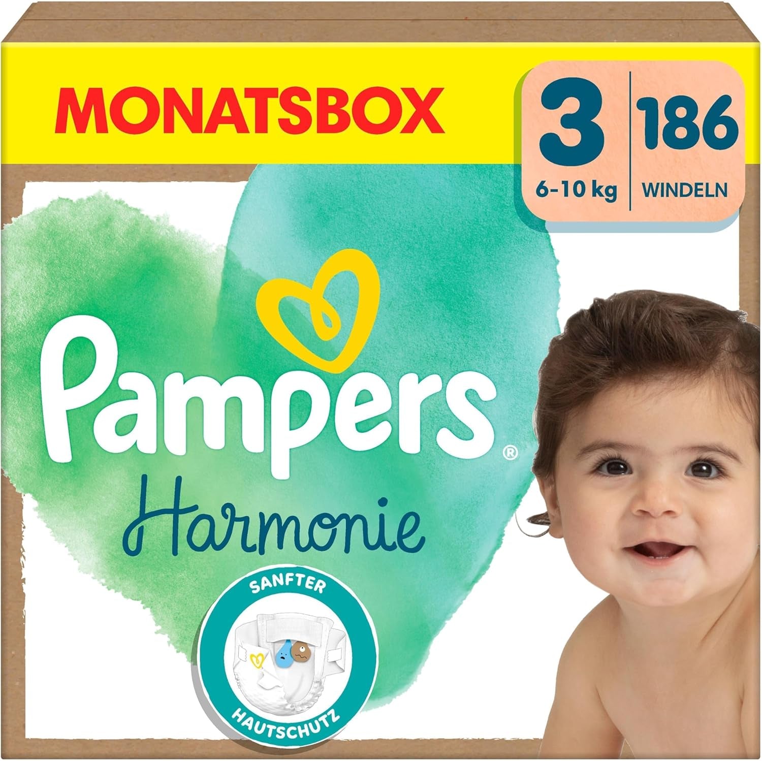 Pieluchy Pampers Harmony rozmiar 1, 180 pieluszek, 2kg-5kg, delikatna ochrona skóry dzięki 100% ochronie Pampers