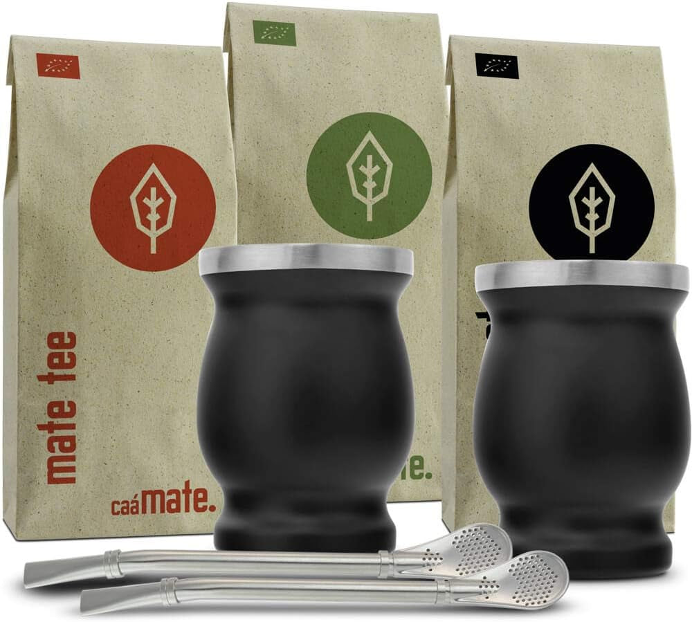 Zestaw do herbaty Mate Bio ● 3 zestawy Mate + 2 filiżanki Mate ze stali nierdzewnej o podwójnych ściankach + 2 Bombille + Instrukcja parzenia (czarna)