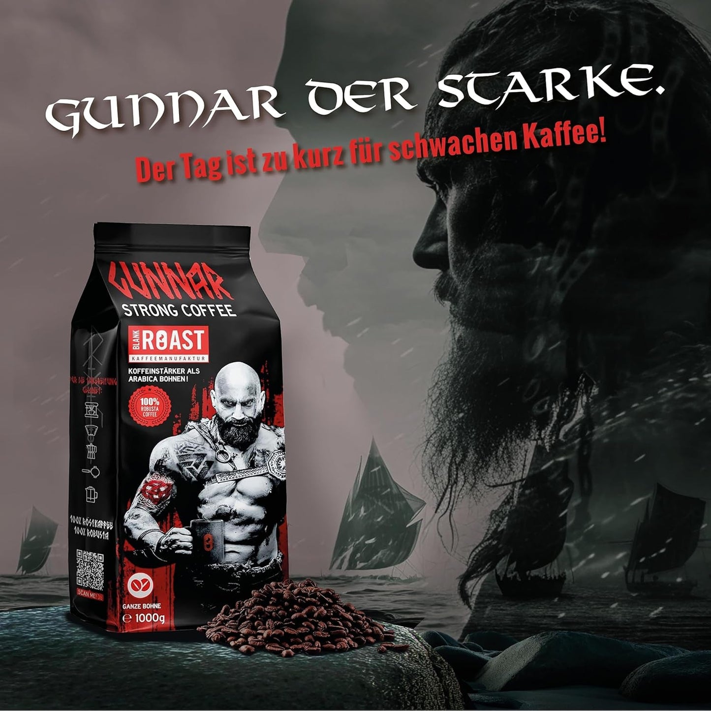 Pusta pieczeń - GUNNAR - 1kg - Cała kawa-Bohnen Extra Strong - Kräftige Robusta-Röstung - 494mg Kaffein je Tasse - Würzig & Kraftvoll mit Noten von dunkler Schokolade - Säurearm