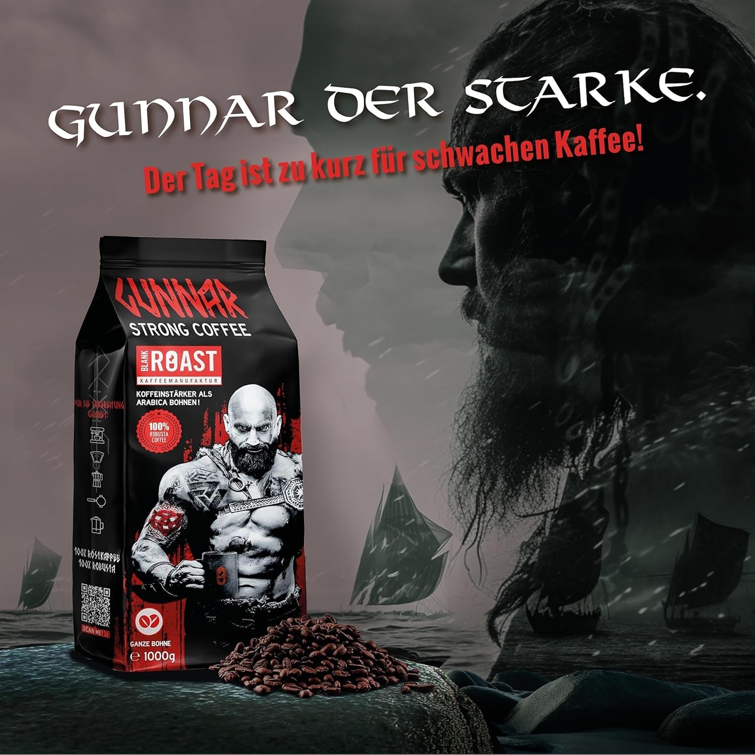 Pusta pieczeń - GUNNAR - 1kg - Cała kawa-Bohnen Extra Strong - Kräftige Robusta-Röstung - 494mg Kaffein je Tasse - Würzig & Kraftvoll mit Noten von dunkler Schokolade - Säurearm