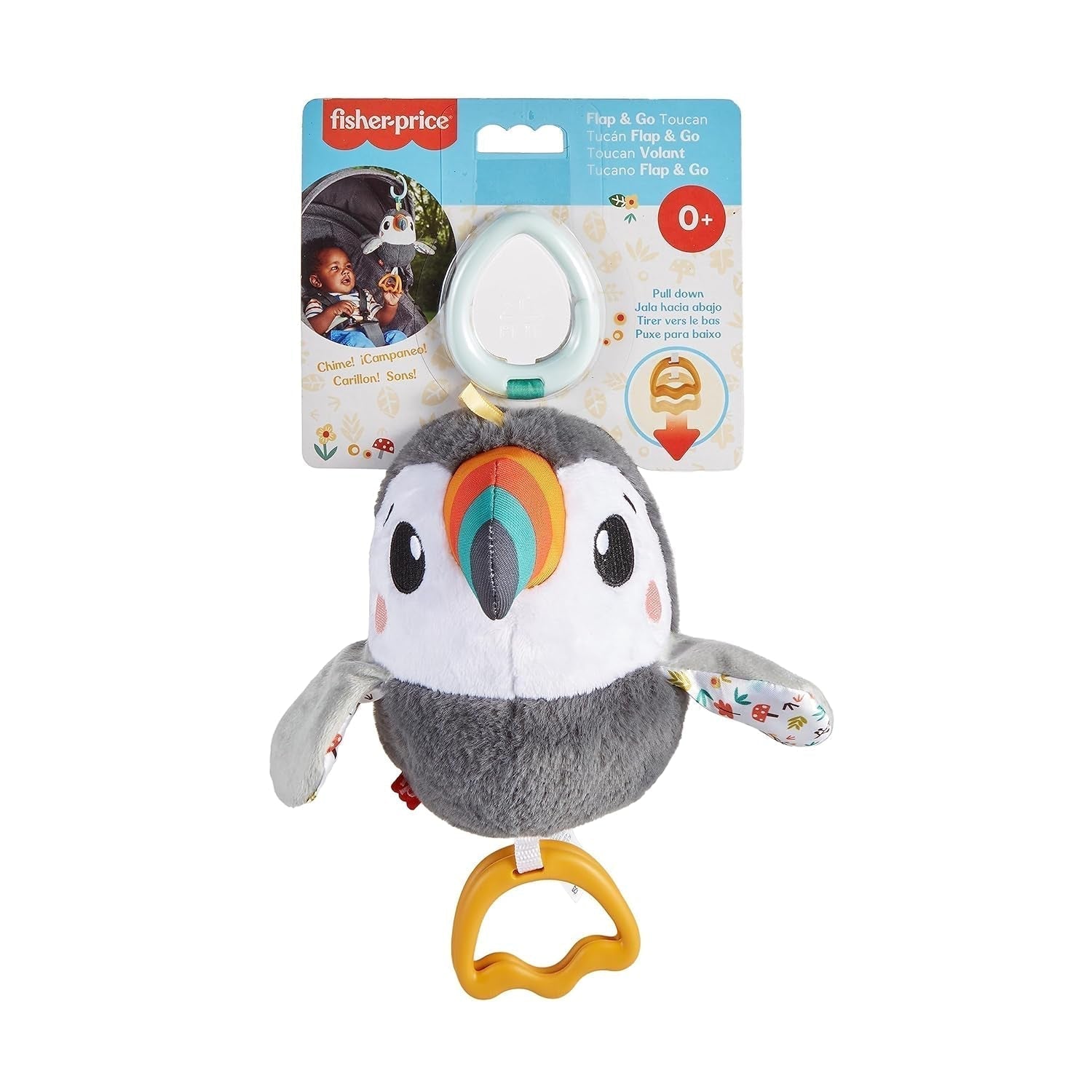 FISHER-PRICE Flap & Go Toucan - pluszowa zabawka do wózka rozwijająca zdolności motoryczne i sensoryczne u noworodków od urodzenia HNX66 Zabawki dla niemowląt Naty Shop
