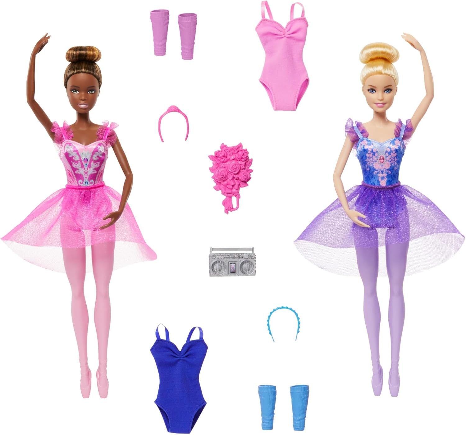 Barbie Ballettstudio Set z 2 Puppen i 9 Zubehörteilen, blond i brunetka Ballerina-Modepuppen z australijskim strojem i zum Tanzmotto passten Teilen, HXC37, [Multicolor]