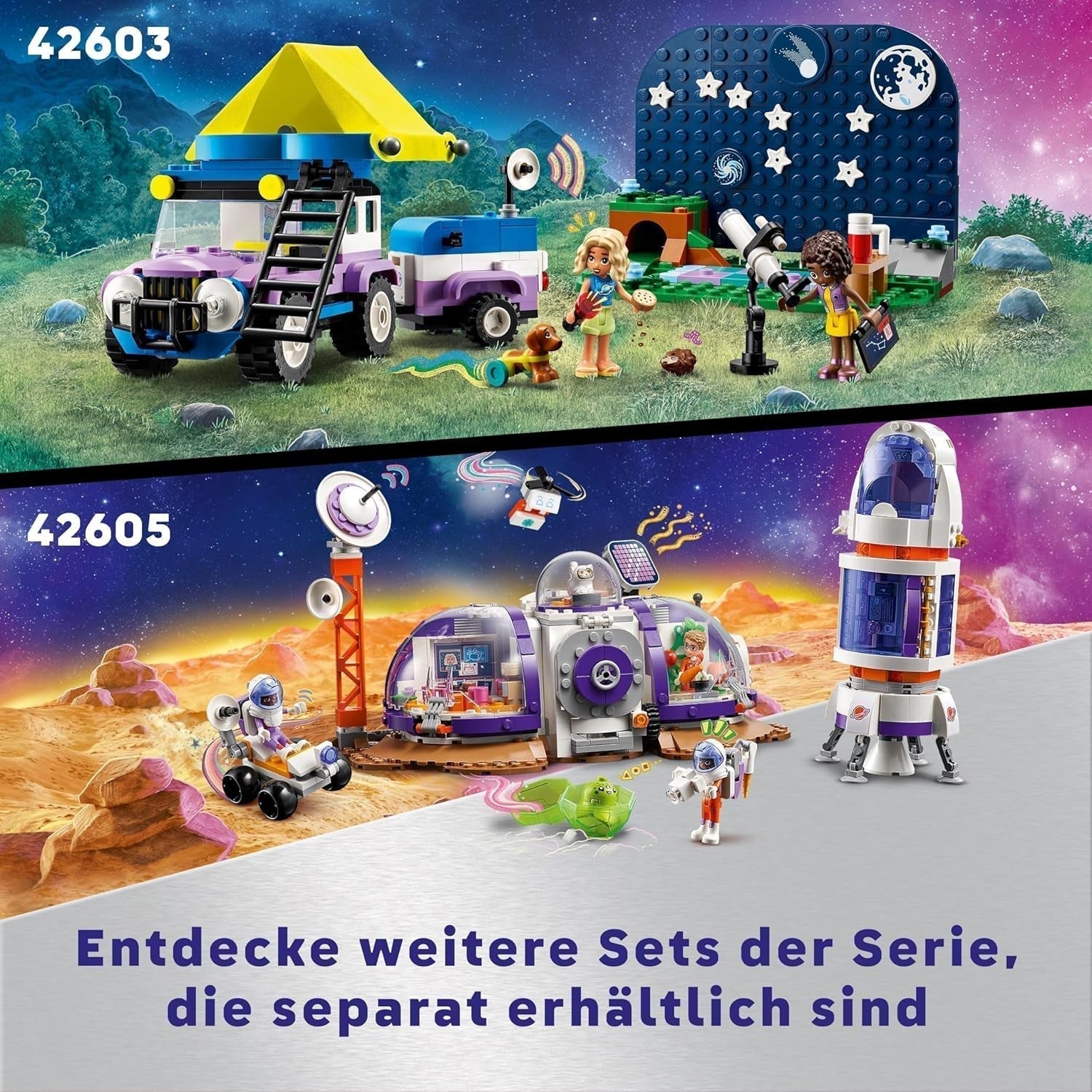 Zestaw pojazdów kempingowych LEGO Friends Stargazer z pojazdem terenowym i zabawkowym teleskopem, prezent dla dziewcząt i chłopców od 7 lat, zawiera figurki Nova, Aliya i psa 42603 Zestawy do budowania Besuche den LEGO-Store