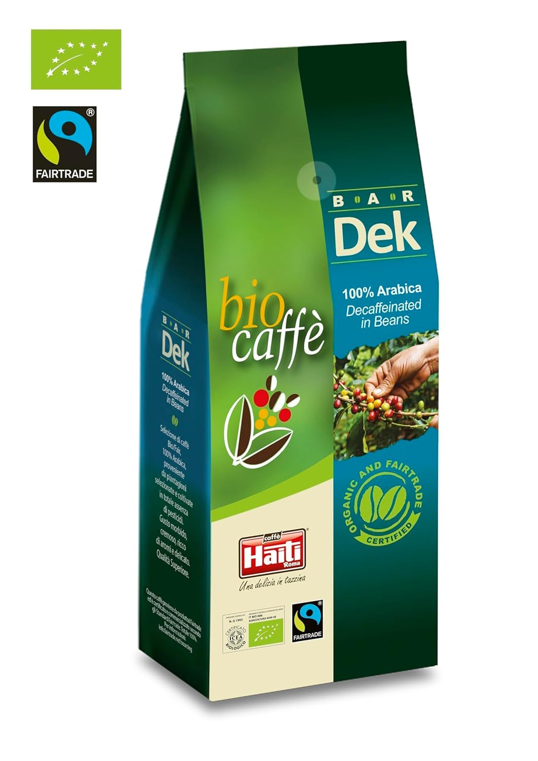 Caffè Haiti Roma organiczna kawa ziarnista bezkofeinowa, 100% Arabica, certyfikat Fairtrade, jakość organiczna, opakowanie 2 x 500g