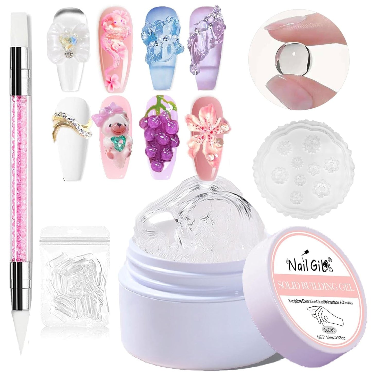 NAILGIL Stały żelowy lakier do paznokci, Stały żel do paznokci, Rzeźba 3D do paznokci z zestawem narzędzi, DIY Domowy salon, Przezroczysty 15G