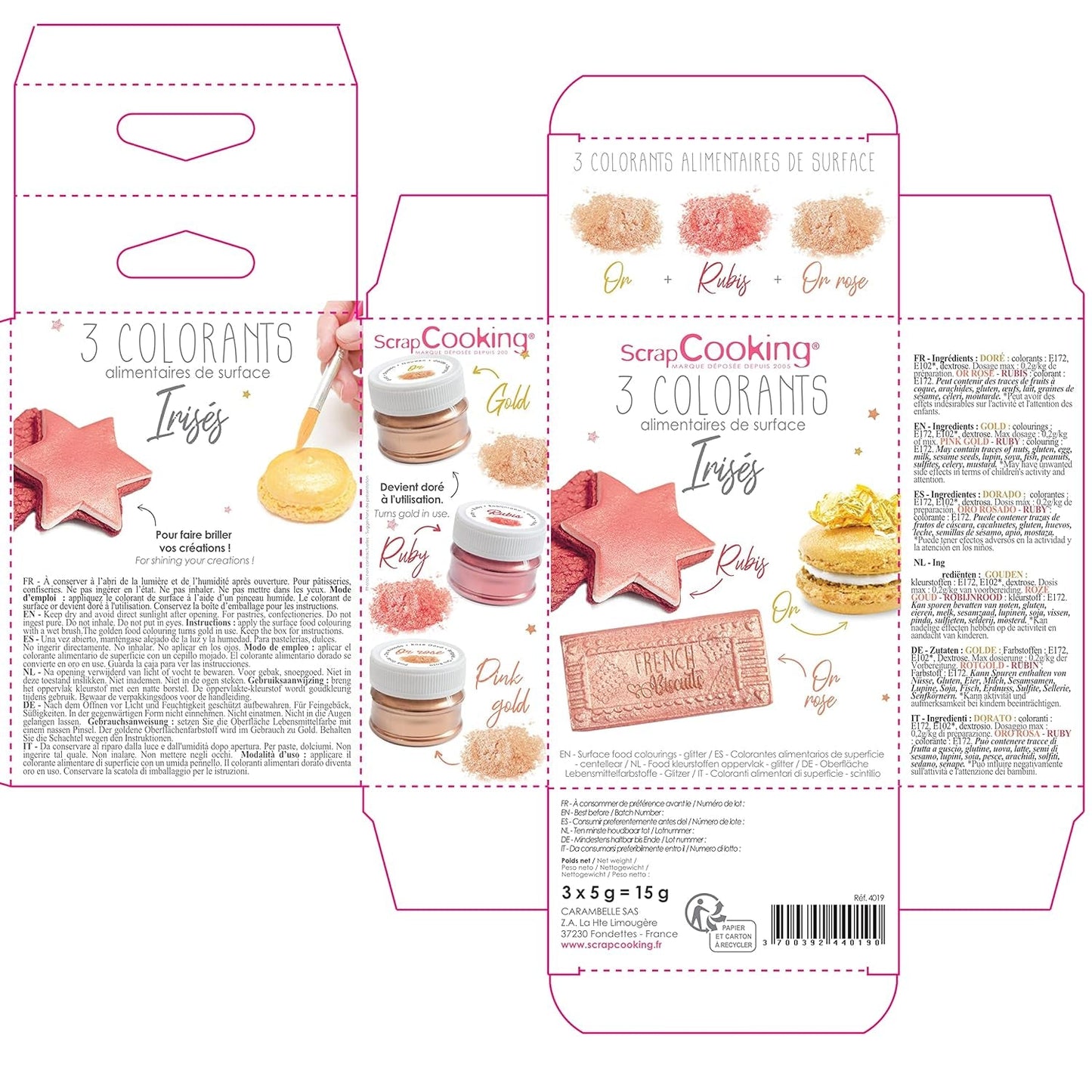 Scrapcooking - Zestaw 3 metalicznych barwników spożywczych - Barwniki spożywcze: złoto, różowe złoto i rubin - Jadalny barwnik spożywczy do pieczenia, ciast, ciasteczek, ciast, czekolady - 4019