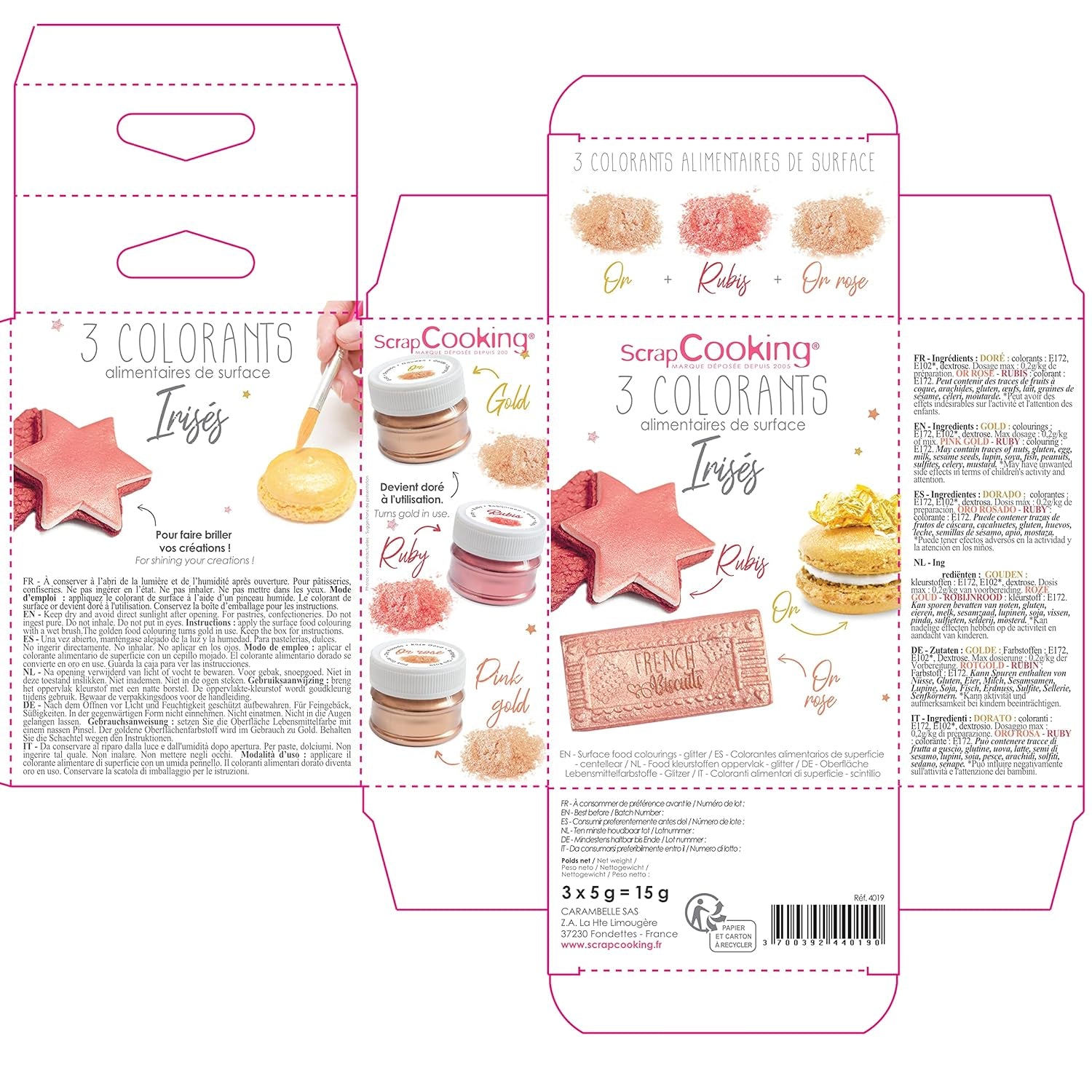 Scrapcooking - Zestaw 3 metalicznych barwników spożywczych - Barwniki spożywcze: złoto, różowe złoto i rubin - Jadalny barwnik spożywczy do pieczenia, ciast, ciasteczek, ciast, czekolady - 4019