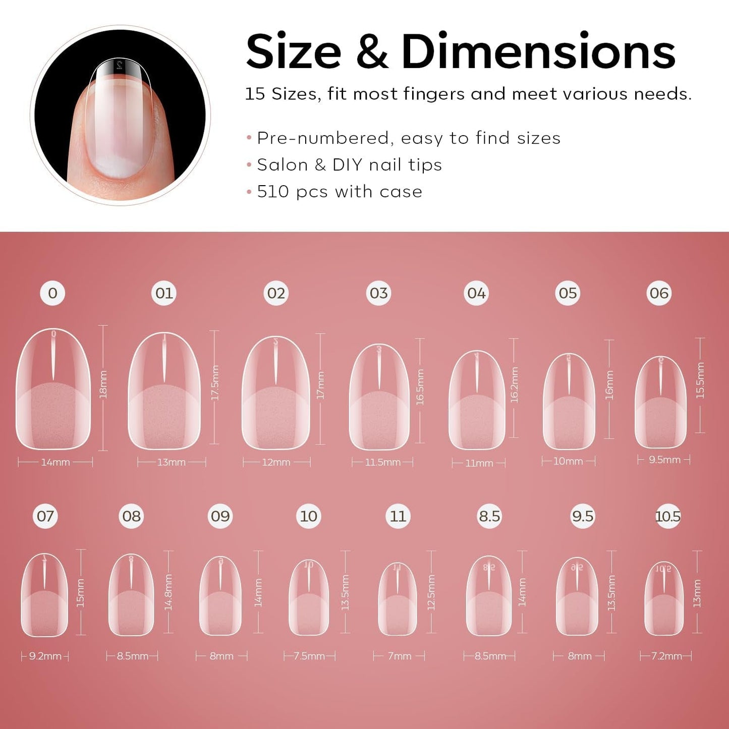 Modelones Tipsy 510 sztuk - Zestaw Tipsów Full Cover, Zestaw Tips Żelowych, Tipsy z żywicy PMMA do polerowania, Sztuczne paznokcie do klejenia na Nail Art DIY, Short Squoval