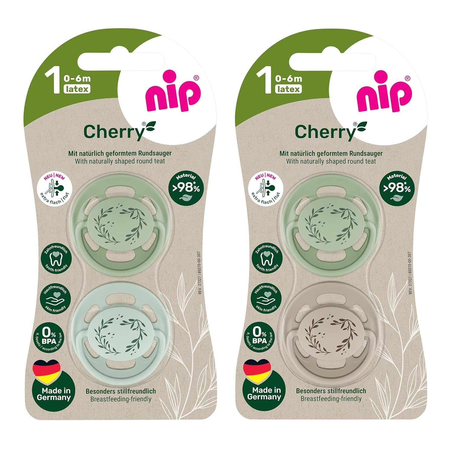 nip - Wiśniowa zieleń | 0-6 miesięcy | Opakowanie 4 | Smoczek dla niemowląt, odpowiedni do karmienia piersią i ząbkowania. Ekologiczny smoczek, wykonany z naturalnych surowców, w kolorze jasnozielonym/brązowym