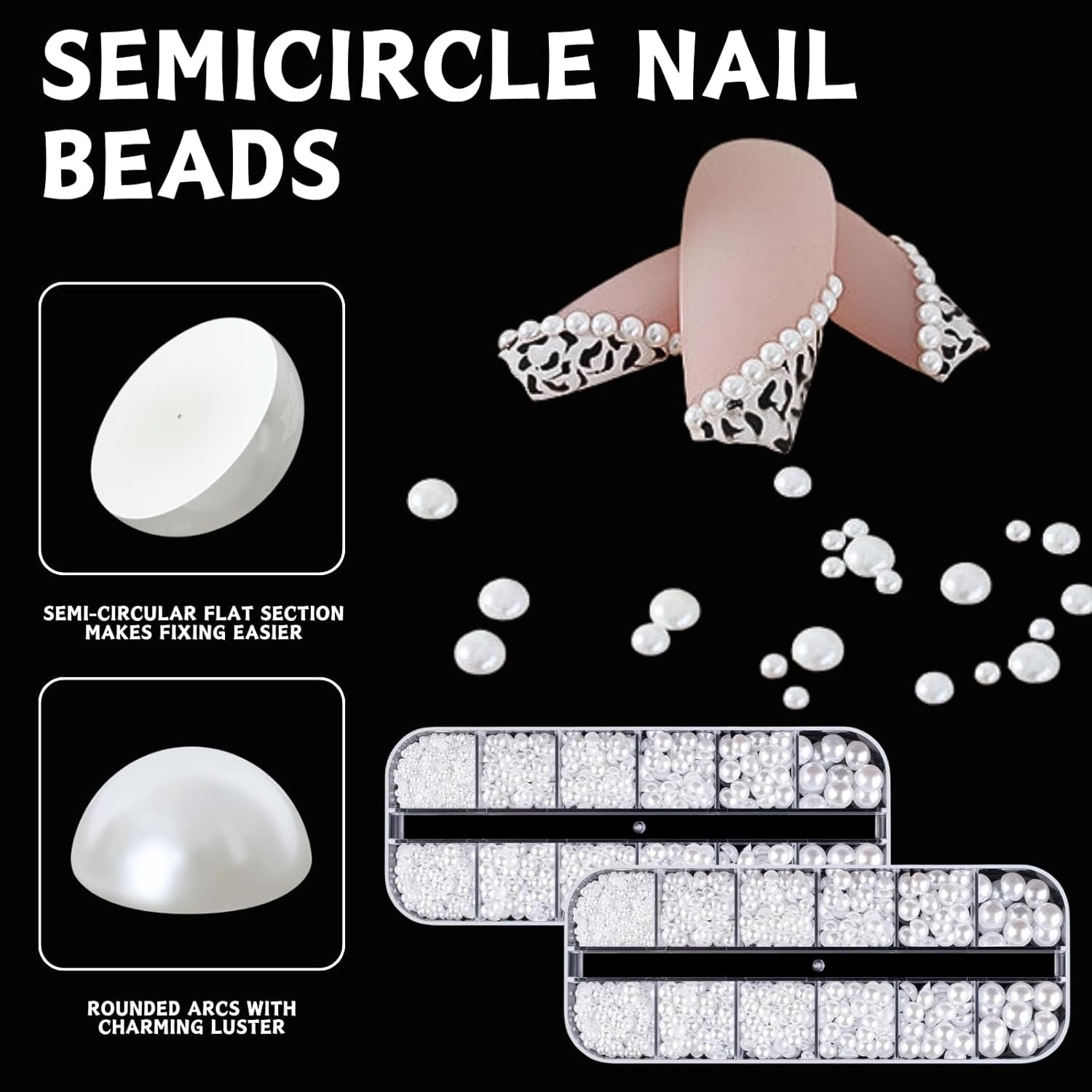 12 Größen Nail Art Perlen, Flache Perlen, Nail Art Accessoires, Halbkreis Nagelperlen, Weiße Nail Charms Und Glitzersteine ​​​​Nägel Für Nail Art Design, DIY Basteln, Alltag, Hochzeit (2 pudełka)
