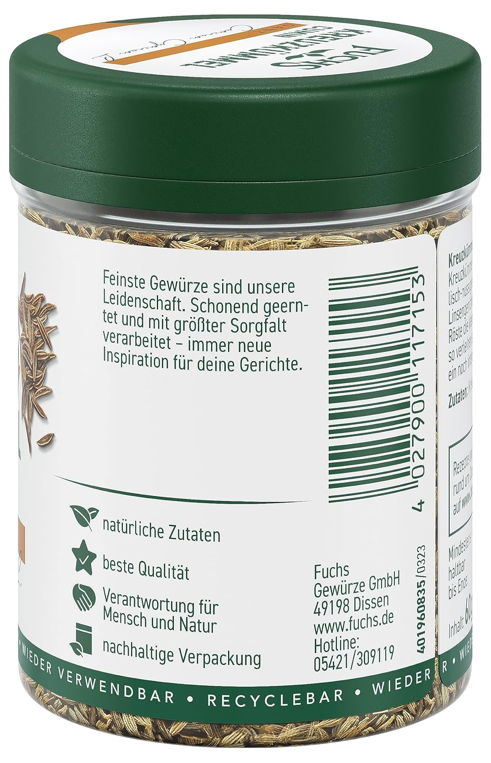 Fuchs Gewürze - Kreuzkümmel ganz - orientalisch-nussige Note für Falafel und Linsengerichte - naturalne składniki - 60 g w wiederverwendbarer, recyclebarer Dawka