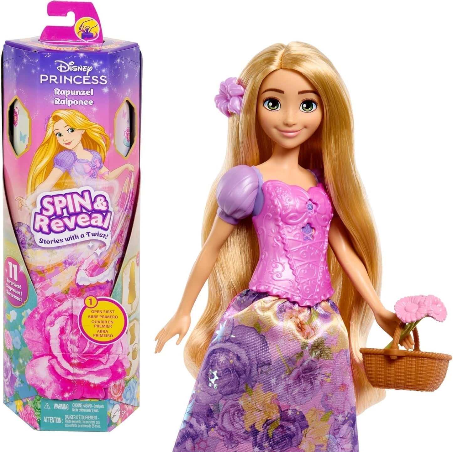 Mattel Disney Zestaw lalek Królowa Lodu Elsa, Spin & Reveal z 11 niespodziankami, w tym 5 akcesoriów, 5 naklejek i scena do zabawy, inspirowany filmem Disneya, HTG25 Dolls Naty Shop Zestaw lalek Roszpunka