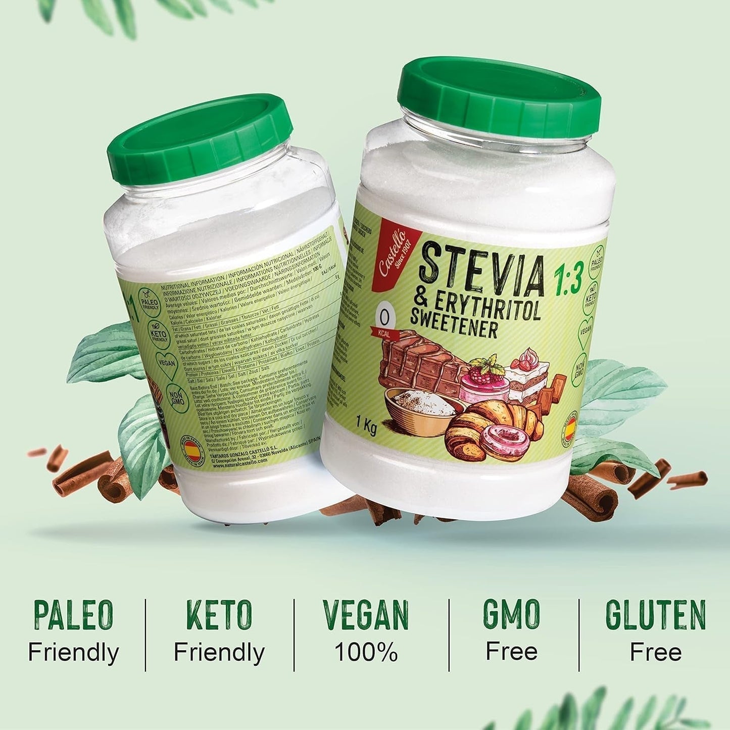 Stewia + Erytrytol 1:3 Süßstoff | 1G = 3G Zucker | 100% Natürlicher Zuckerersatz - 0 Kalorien - 0 Glykämischer Index - Keto Und Paleo - 0 Netto-Kohlenhydrat - Kein GVO - Castello od 1907-1 Kg Słodziki Naty Shop