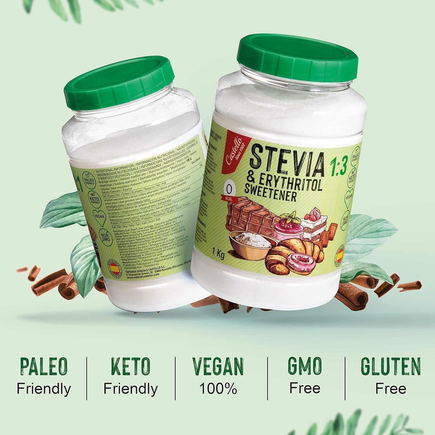 Stewia + Erytrytol 1:3 Süßstoff | 1G = 3G Zucker | 100% Natürlicher Zuckerersatz - 0 Kalorien - 0 Glykämischer Index - Keto Und Paleo - 0 Netto-Kohlenhydrat - Kein GVO - Castello od 1907-1 Kg Słodziki Naty Shop