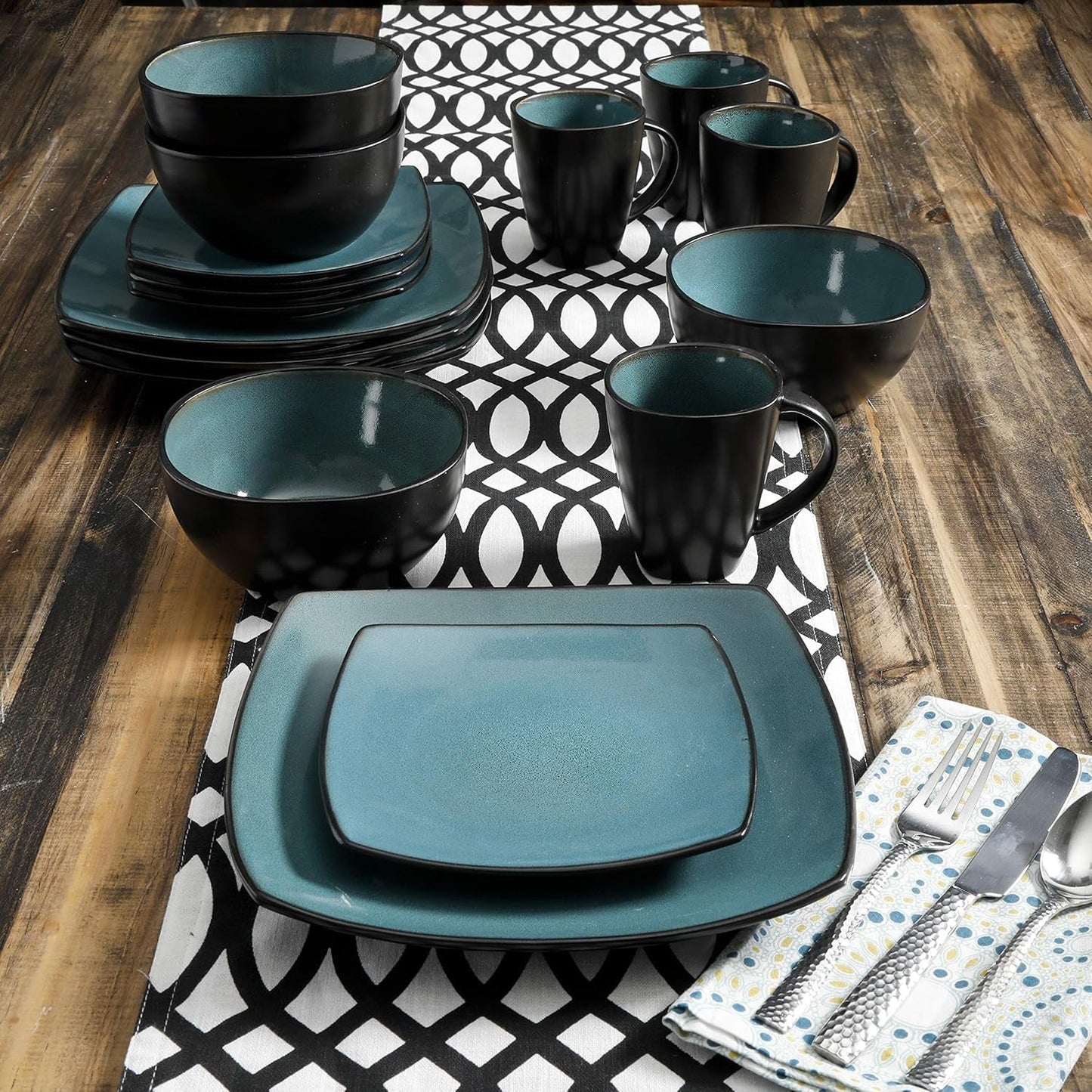 Gibson 99813.16R Elite Soho Lounge Reactive Glaze 4-osobowy zestaw naczyń obiadowych, 16-częściowy, niebiesko-zielony/czarny efekt dwukolorowy
