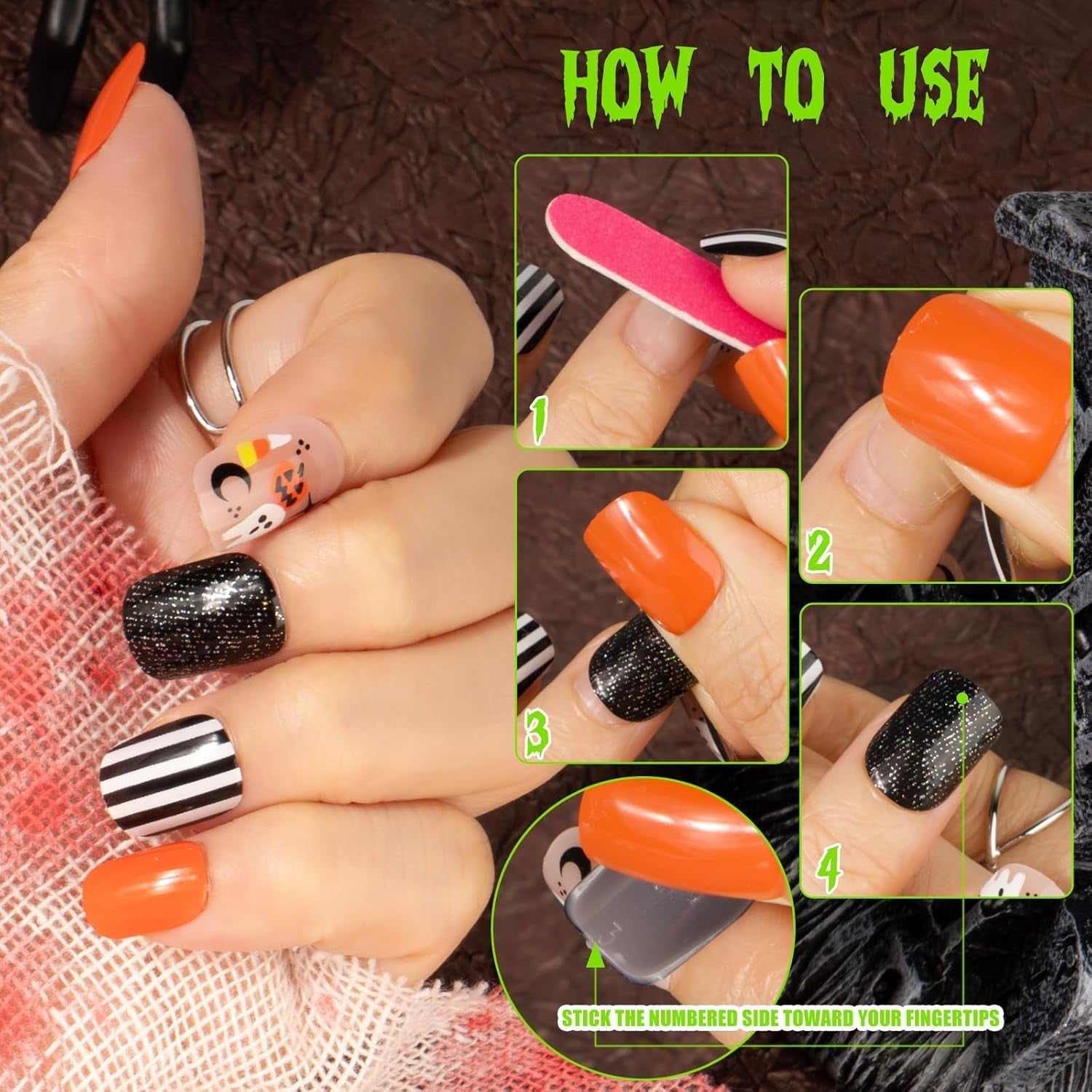 72 szt. Halloweenowe paznokcie Samoprzylepne sztuczne paznokcie Krótkie sztuczne paznokcie Samoprzylepne paznokcie prasowane Dyniowy duch Sztuczne paznokcie Porady Nail Art Pomarańczowy Zielony Czarny