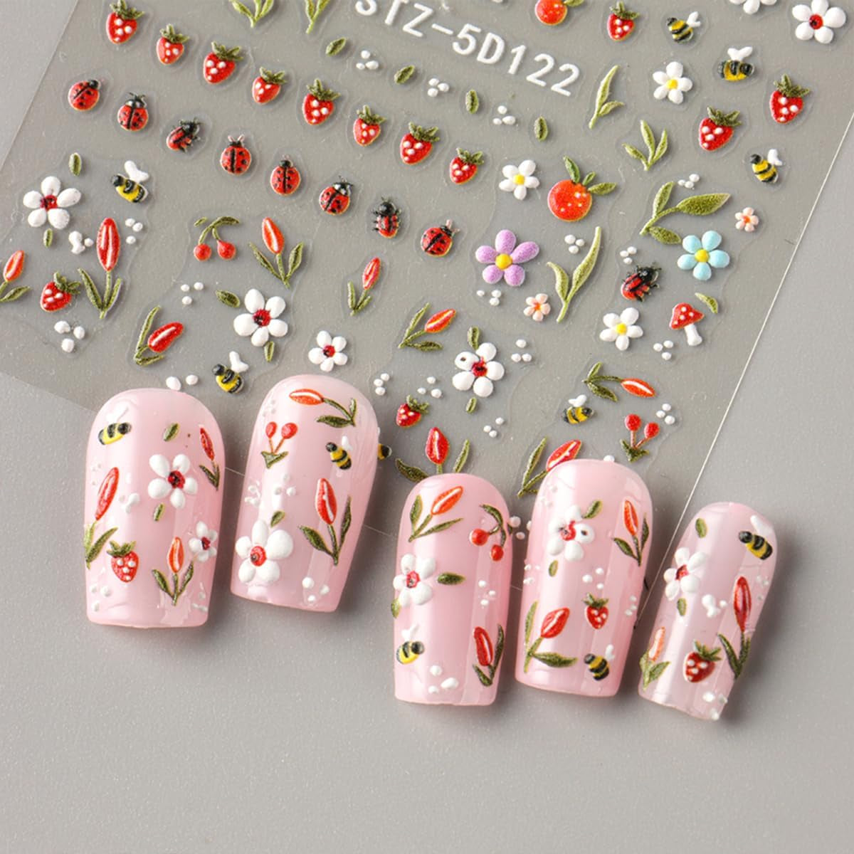 JMEOWIO 3D Nagelsticker Blumen Frucht Nail Art Naklejka Selbstklebend Nagelaufkleber 5D Stereoskopisch Dekoration Nageldesign Zubehör 4 Blatt