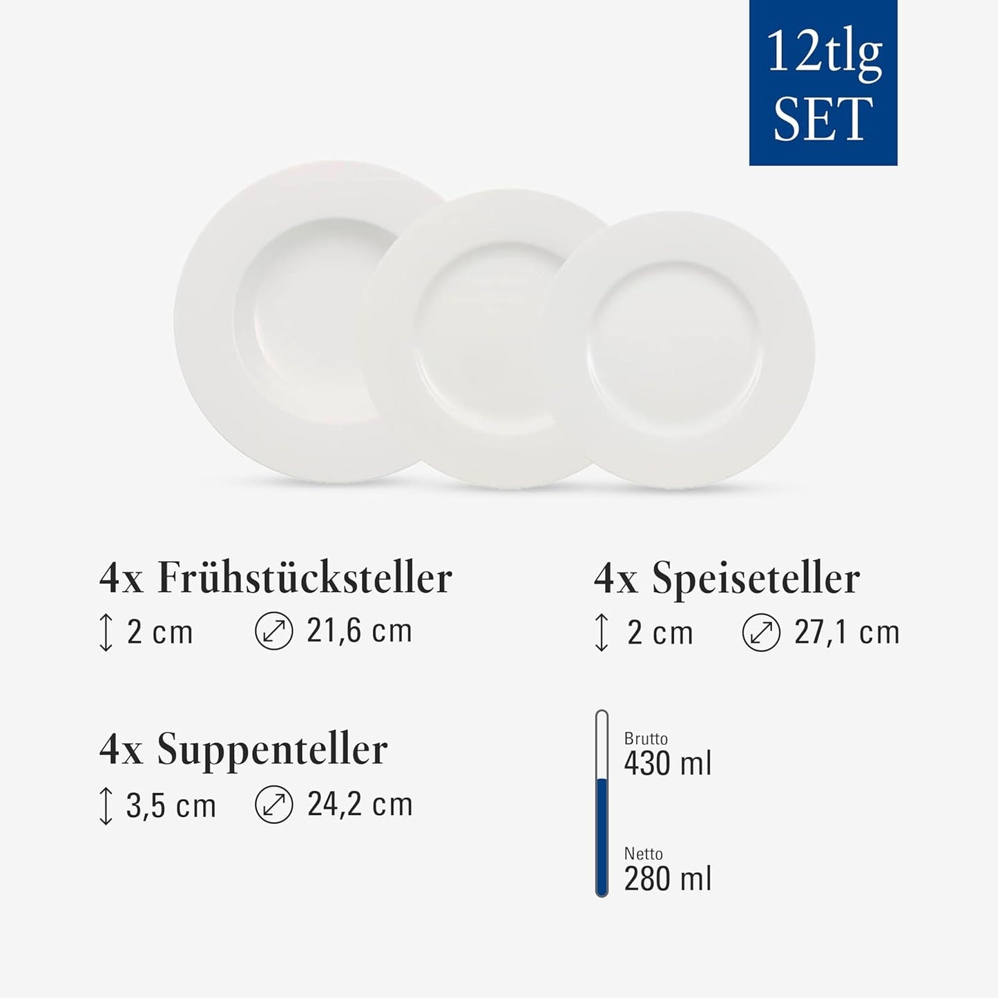 Villeroy & Boch Wonderful World 12-częściowy zestaw naczyń obiadowych, można myć w zmywarce i używać w kuchence mikrofalowej, biały, talerze, zastawa stołowa, porcelana, talerze obiadowe, zestaw, nowoczesny zestaw naczyń obiadowych, porcelana premium