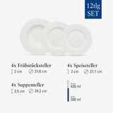 Villeroy & Boch Wonderful World 12-częściowy zestaw naczyń obiadowych, można myć w zmywarce i używać w kuchence mikrofalowej, biały, talerze, zastawa stołowa, porcelana, talerze obiadowe, zestaw, nowoczesny zestaw naczyń obiadowych, porcelana premium