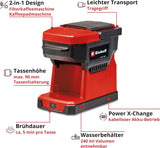 Bezprzewodowy ekspres do kawy Einhell TE-CF 18 Li-Solo Power X-Change (18 V, zbiornik na wodę 240 ml, na kawę filtrowaną i kapsułki z kawą, uchwyt do przenoszenia, w komplecie filiżanka z pokrywką, bez akumulatora)