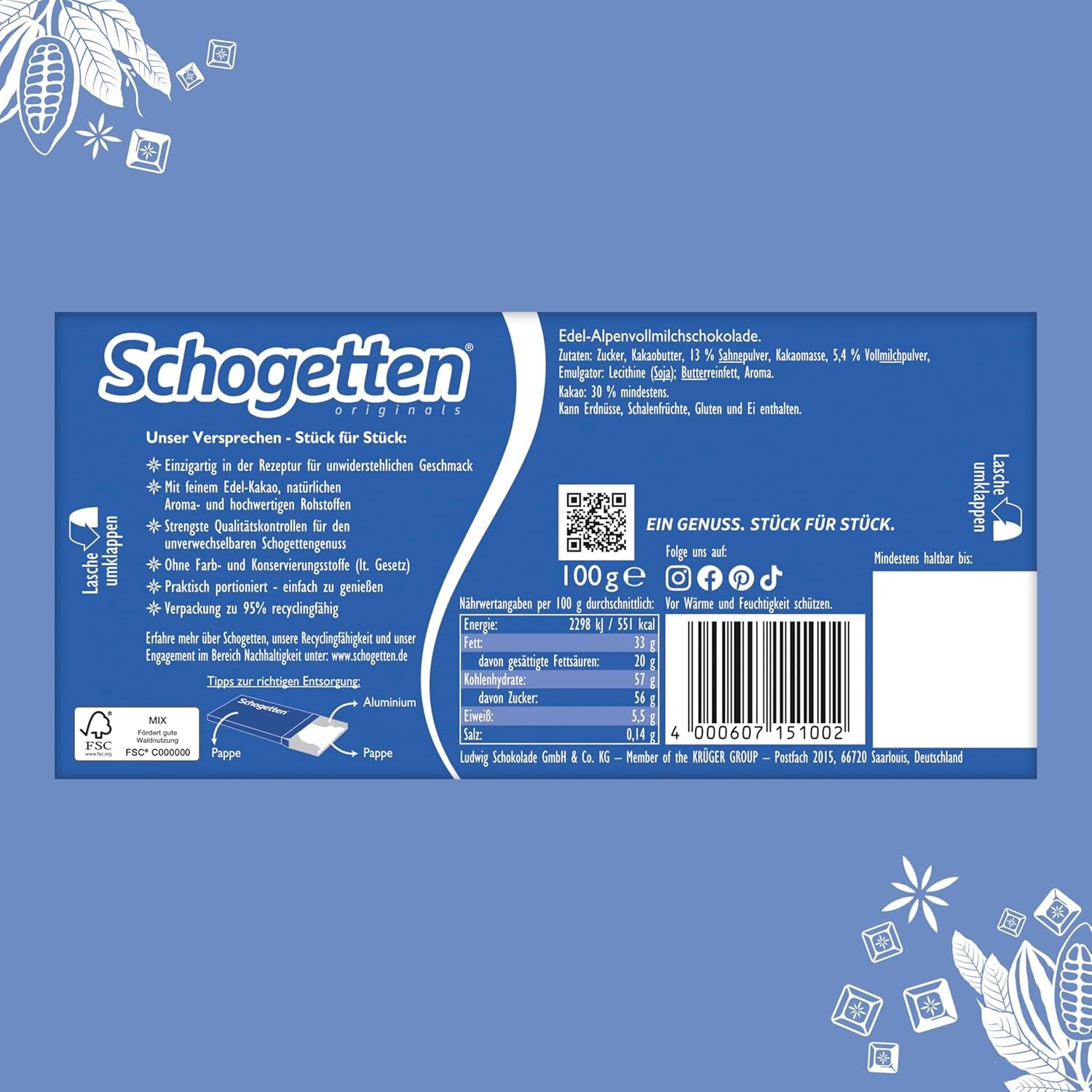 Schogetten Premium Alpine tabliczka mlecznej czekolady, 100g, pojedynczo porcjowana. Rozkosz. Kawałek po kawałku.
