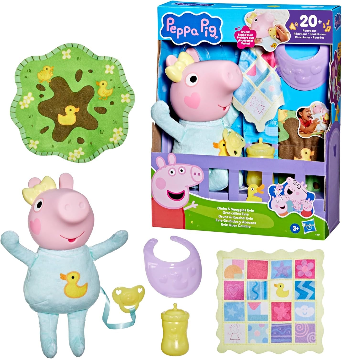 Interaktywna lalka Peppa Pig 28 cm Evie z 20 dźwiękami i wieloma funkcjami, zestaw zabawek dla dzieci od 3 lat