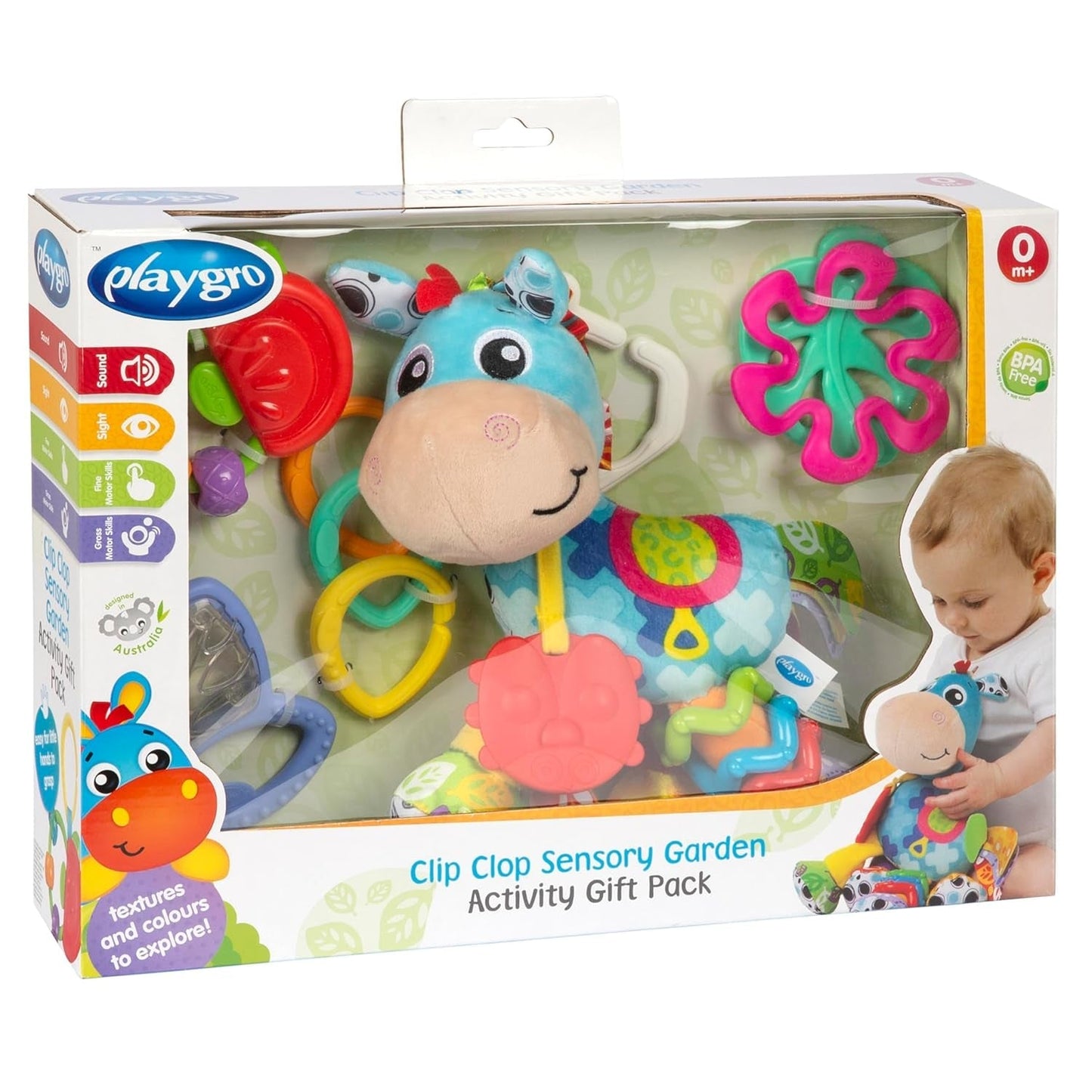 Playgro Clip Clop Zestaw upominkowy Sensory Garden Activity - Sensoryczna zabawka ogrodowa dla dzieci od 0 miesiąca życia - Interaktywna zabawka z grzechotkami, gryzakiem i przyjacielem wózka - 4 sztuki