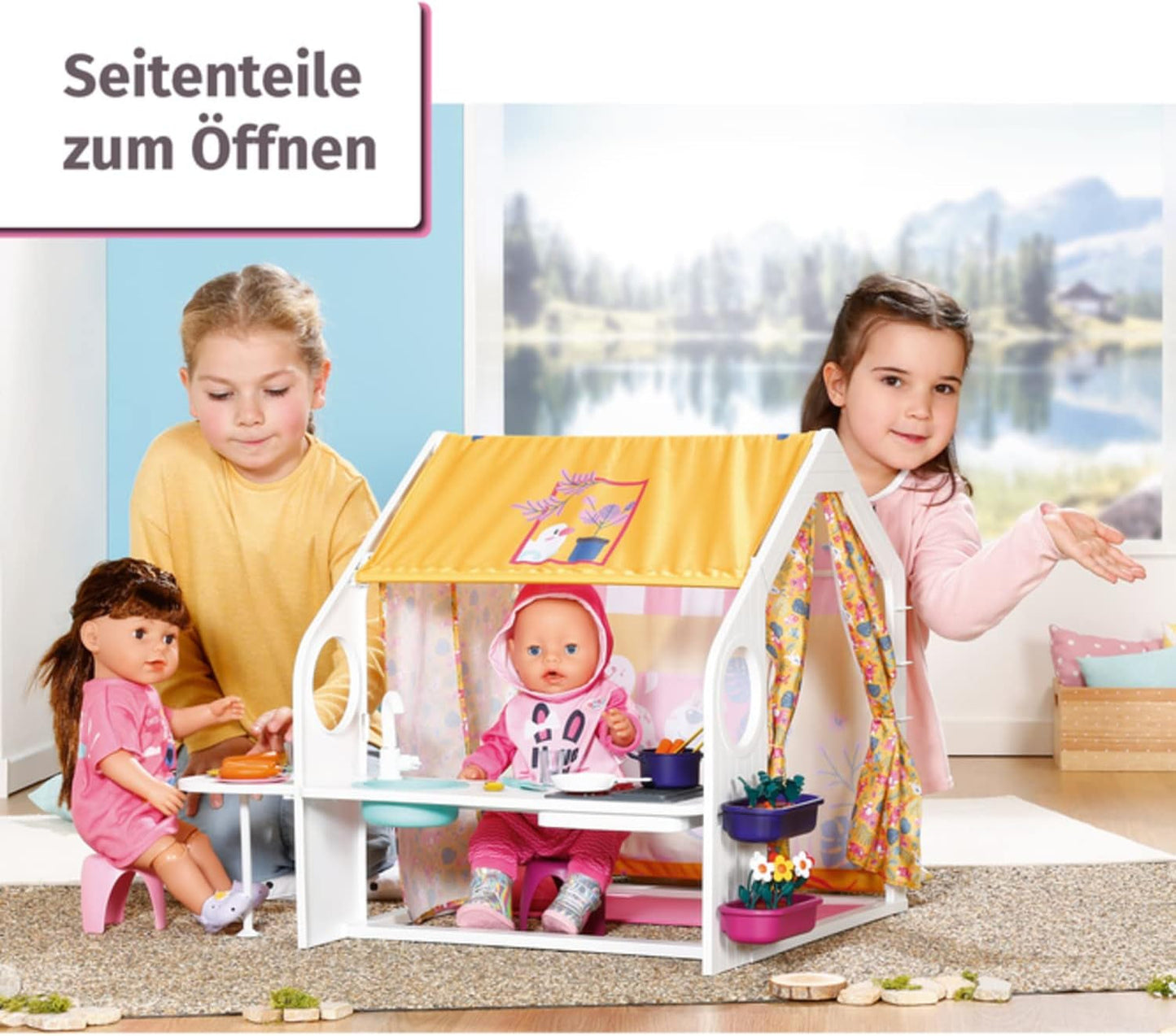 BABY Born Domek dla lalek, domek weekendowy z funkcją światła i dźwięku, otwieranymi panelami bocznymi, zlewem, grillem i wieloma akcesoriami, 832752, Zapf Creation