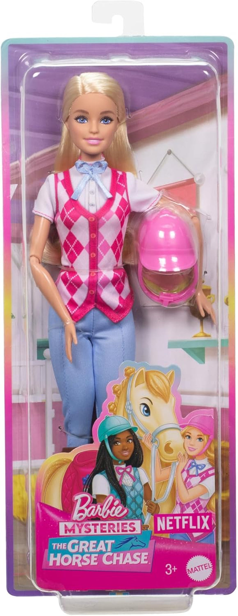 Lalka Barbie Malibu i akcesoria z filmu Barbie Mysteries: The Secret Horse Adventure, w tym modna lalka, odpinany strój do jazdy konnej i kask, HXJ38