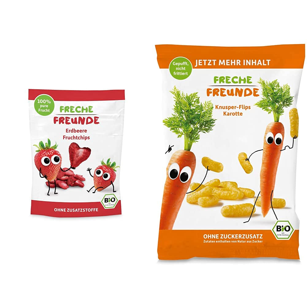Organiczne chipsy owocowe „100% Strawberry” Liofilizowane chipsy truskawkowe (12 x 12 g) i nowe organiczne chrupiące chipsy kukurydziano-marchewkowe, ekologiczna przekąska, od 1 roku, (9 x 30g) 270g