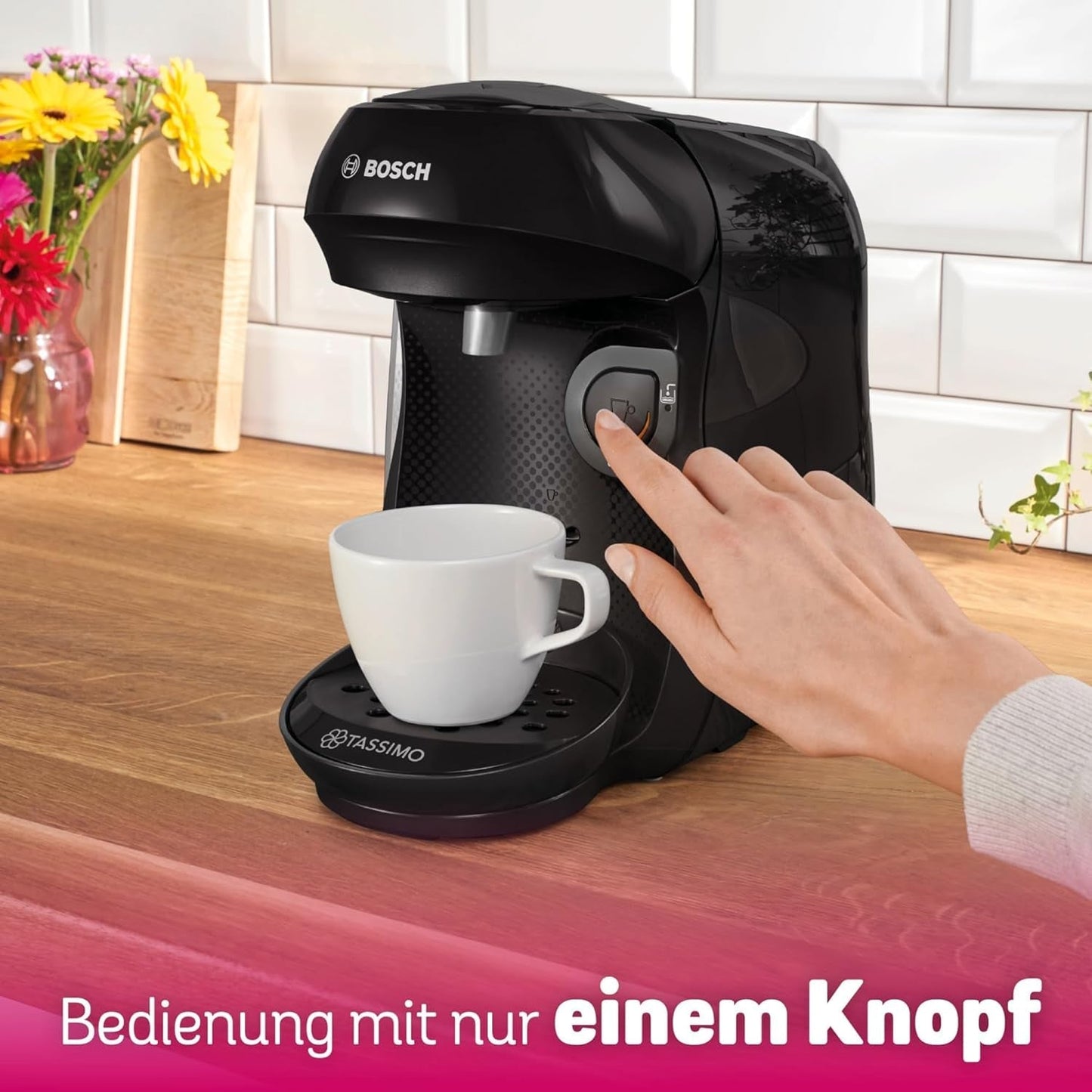 Bosch Tassimo Happy Friendly TAS102E Ekspres do espresso w kapsułkach, ponad 70 napojów, odpowiedni do wszystkich filiżanek, Auto-Stop, zrównoważony, idealne dozowanie, oszczędzający miejsce, 1400 W, czarny