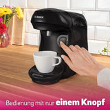 Bosch Tassimo Happy Friendly TAS102E Ekspres do espresso w kapsułkach, ponad 70 napojów, odpowiedni do wszystkich filiżanek, Auto-Stop, zrównoważony, idealne dozowanie, oszczędzający miejsce, 1400 W, czarny