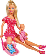 Simba 105730211 - Steffi Love Niania z dwójką dzieci, nosidełkiem i fotelikiem samochodowym, akcesoriami, lalką do przebierania, 29 cm, dla dzieci od 3 lat