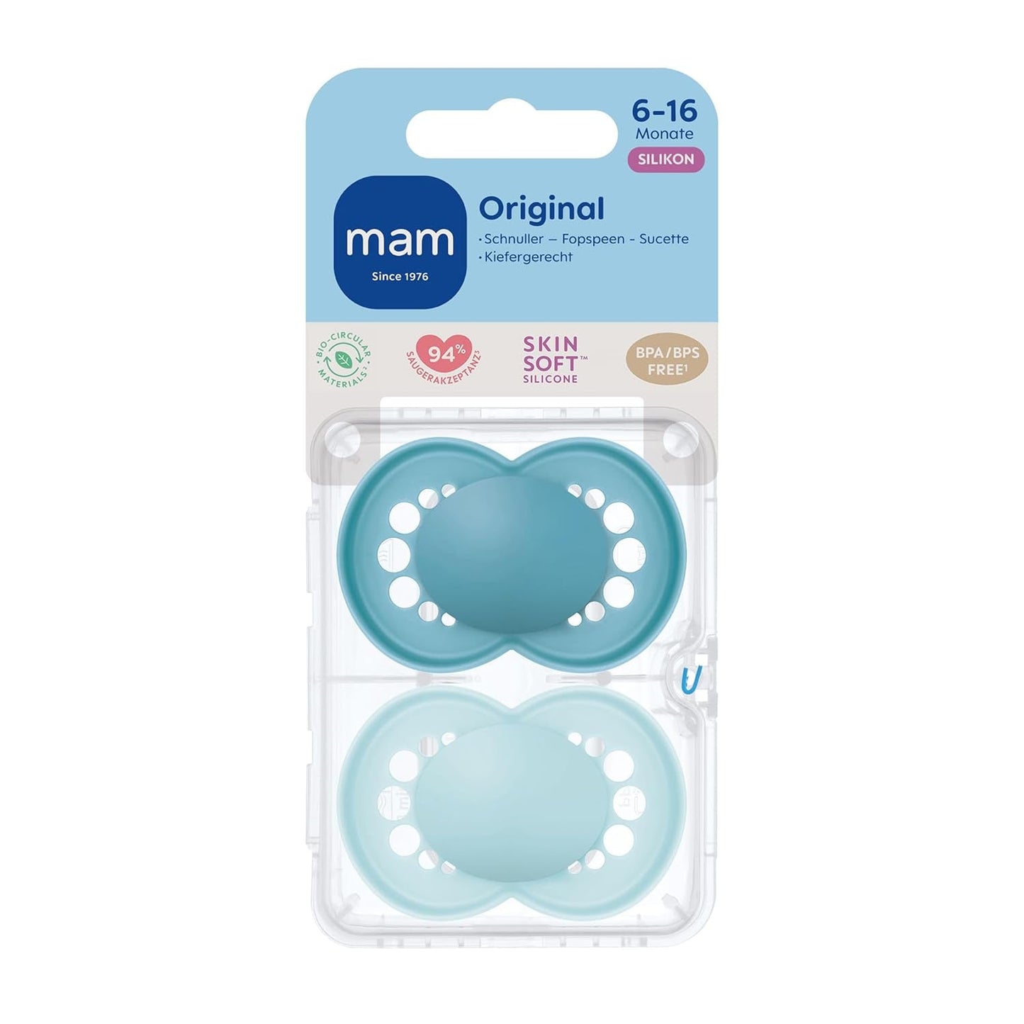 MAM Original smoczki, 2 sztuki, przyjazne dla zębów smoczki dla niemowląt, wykonane z materiałów zrównoważonych i bioregenerowalnych, smoczki silikonowe MAM SkinSoft, z pudełkiem na smoczek, 6-16 miesięcy, niebieski/jasnoniebieski