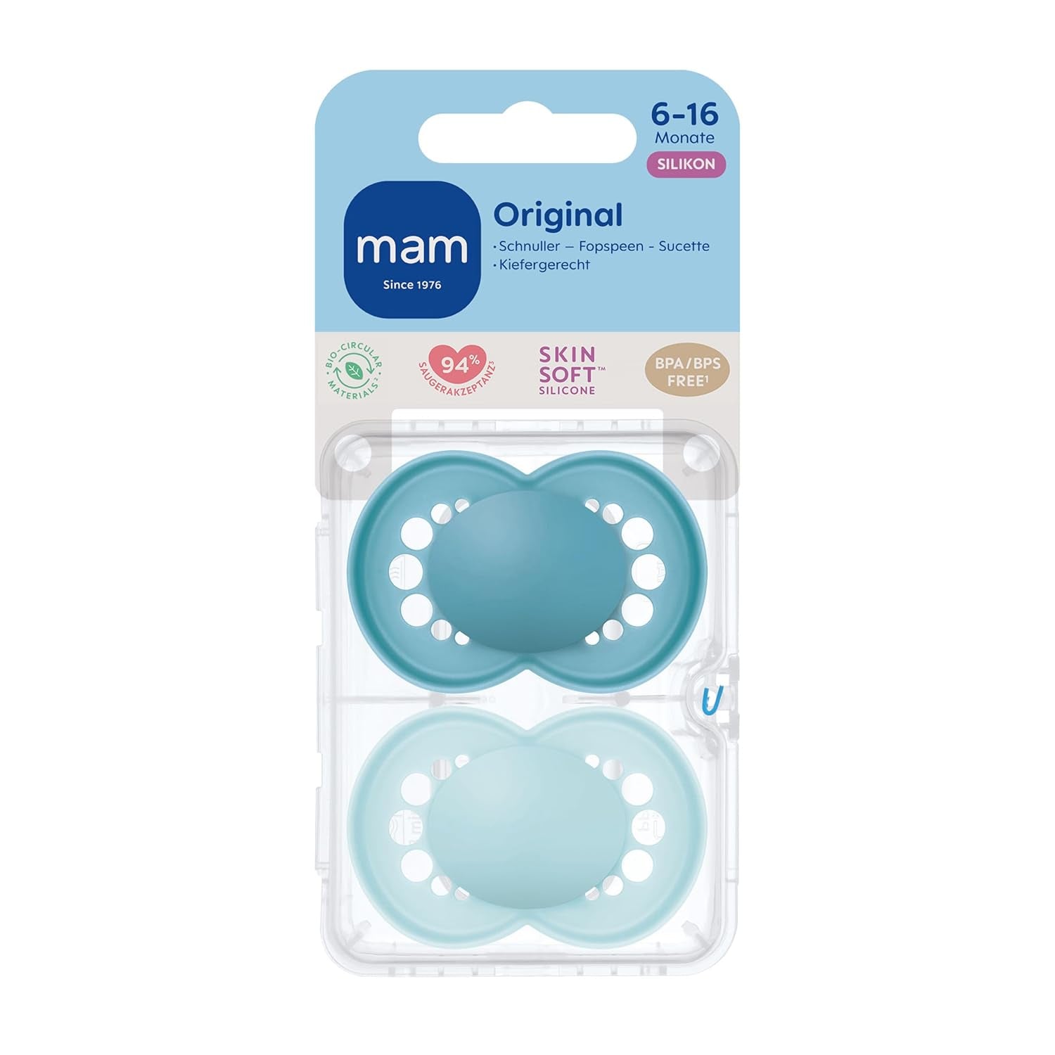 MAM Original smoczki, 2 sztuki, przyjazne dla zębów smoczki dla niemowląt, wykonane z materiałów zrównoważonych i bioregenerowalnych, smoczki silikonowe MAM SkinSoft, z pudełkiem na smoczek, 6-16 miesięcy, niebieski/jasnoniebieski