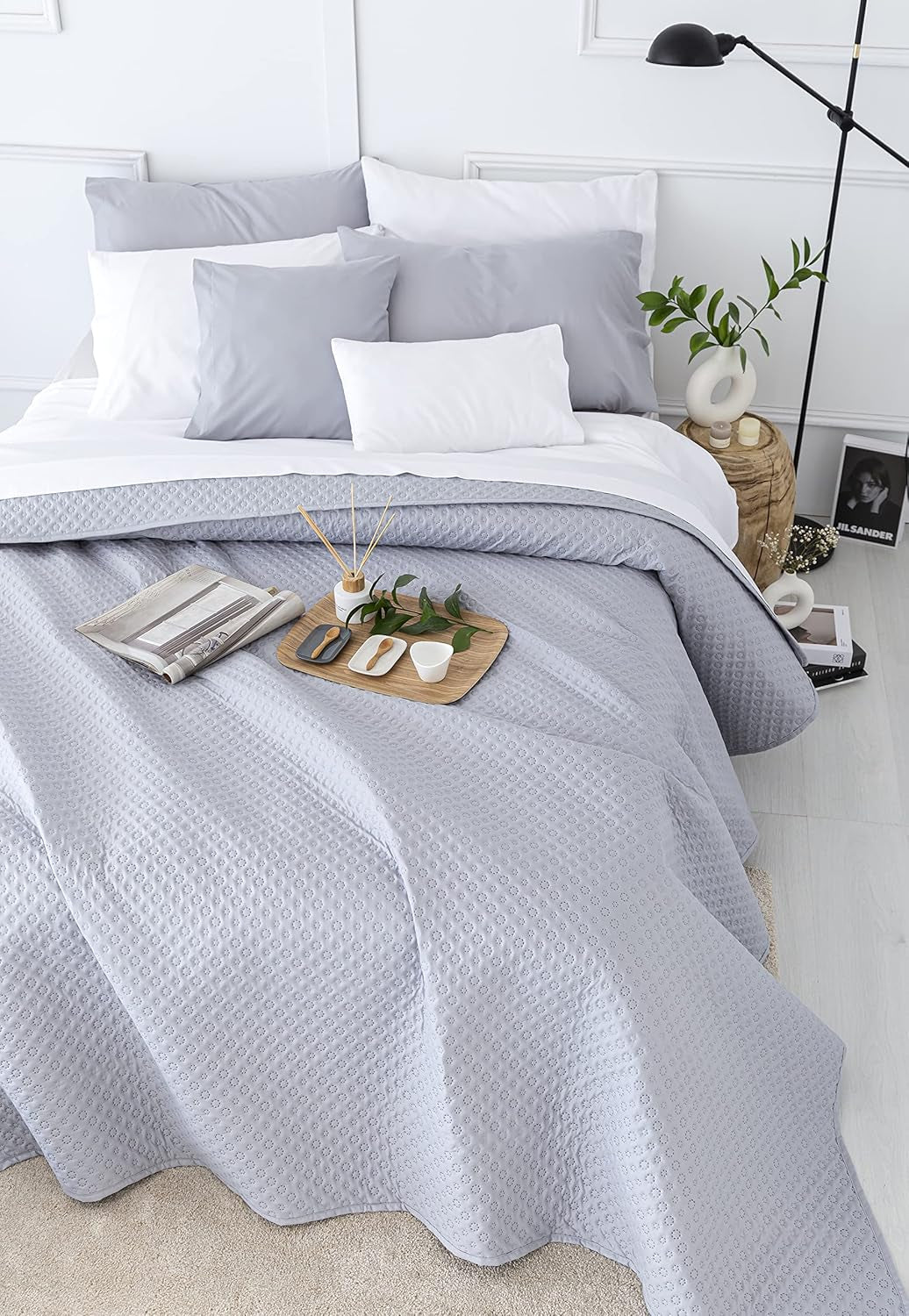 Todocama Fine Boutique narzuta ze wzorem piqué, na wiosnę, lato, jesień i zimę, 100% super miękka mikrofibra, wielofunkcyjny koc, 140/150/160-250 X 260 cm, jasnoszary Łóżka i koce Beuche den Todocama-Store