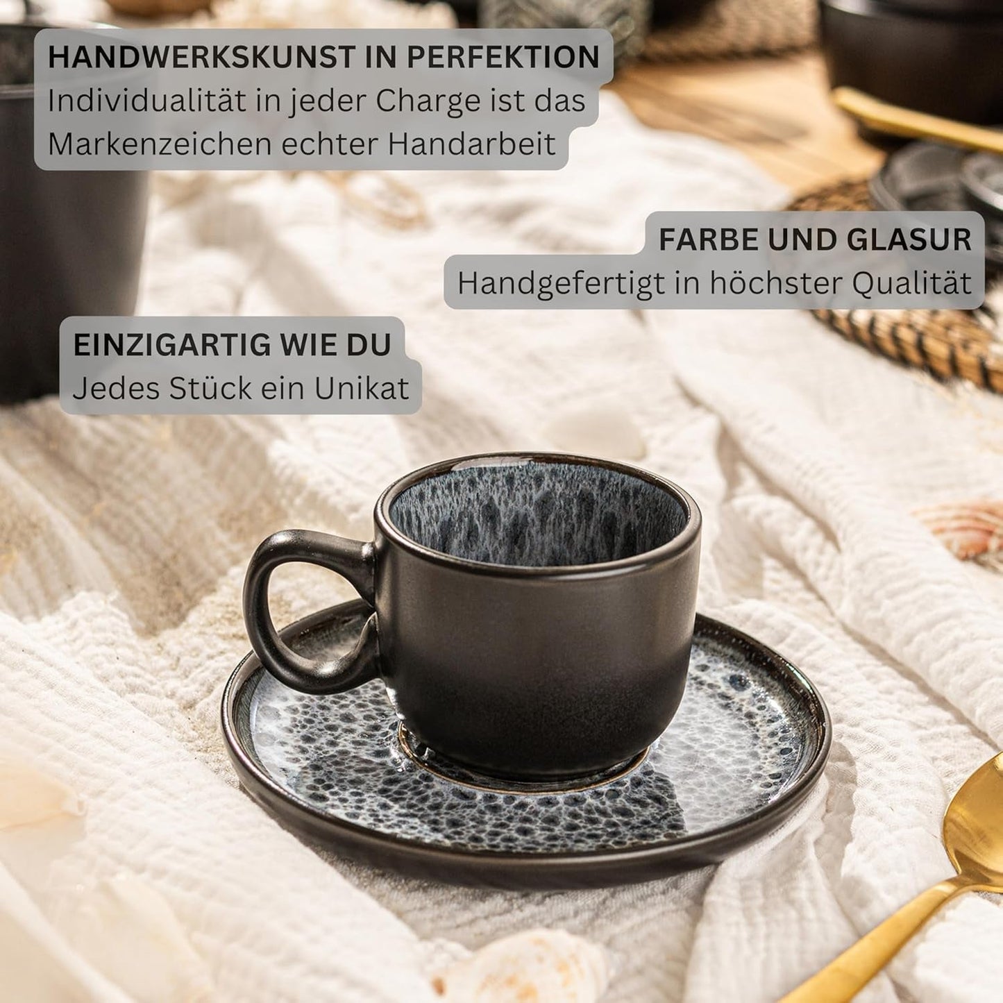 SANGER Sydney | Zestaw 12 filiżanek ceramicznych do espresso, Zestaw filiżanek do mokki na 6 sztuk, Filiżanki i spodki, Można myć w zmywarce i używać w kuchence mikrofalowej, Ciemnoszary, 80 ml | KOLEKCJA WARTOŚCIOWA